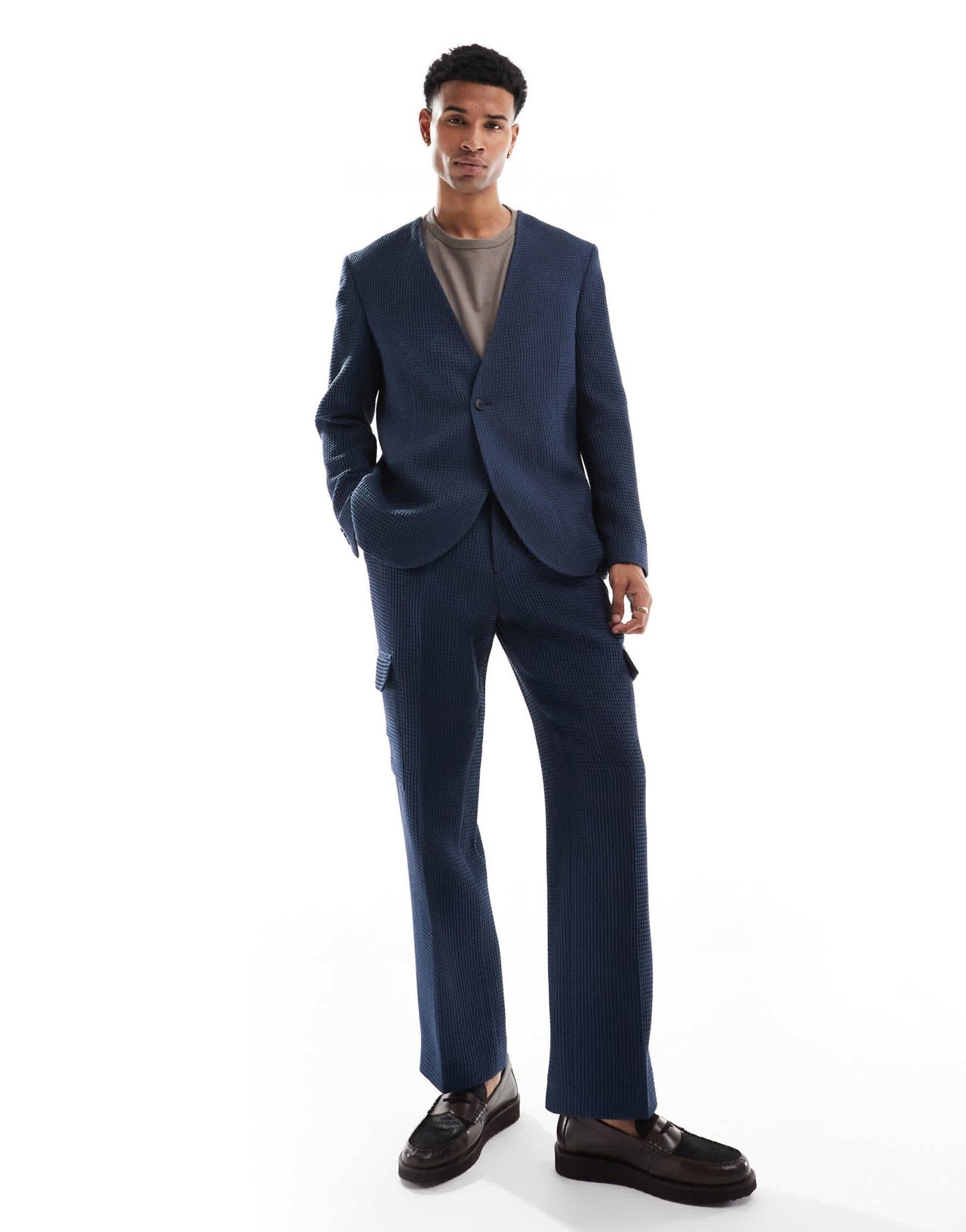 Viggo elanga waffle suit jacket in navy co - ord - ASOS Sample Sale