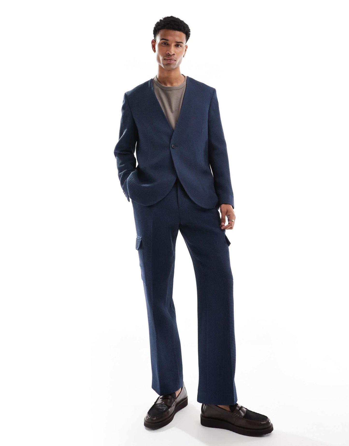 Viggo elanga waffle suit jacket in navy co - ord - ASOS Sample Sale