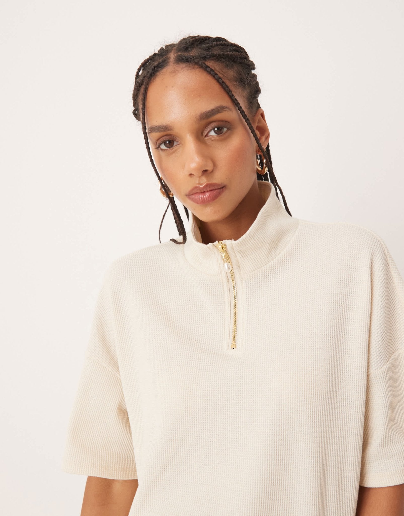 Vila boxy 1/4 zip waffle top co-ord with faux pearl zip detail in birch cream - ASOS Sample Sale