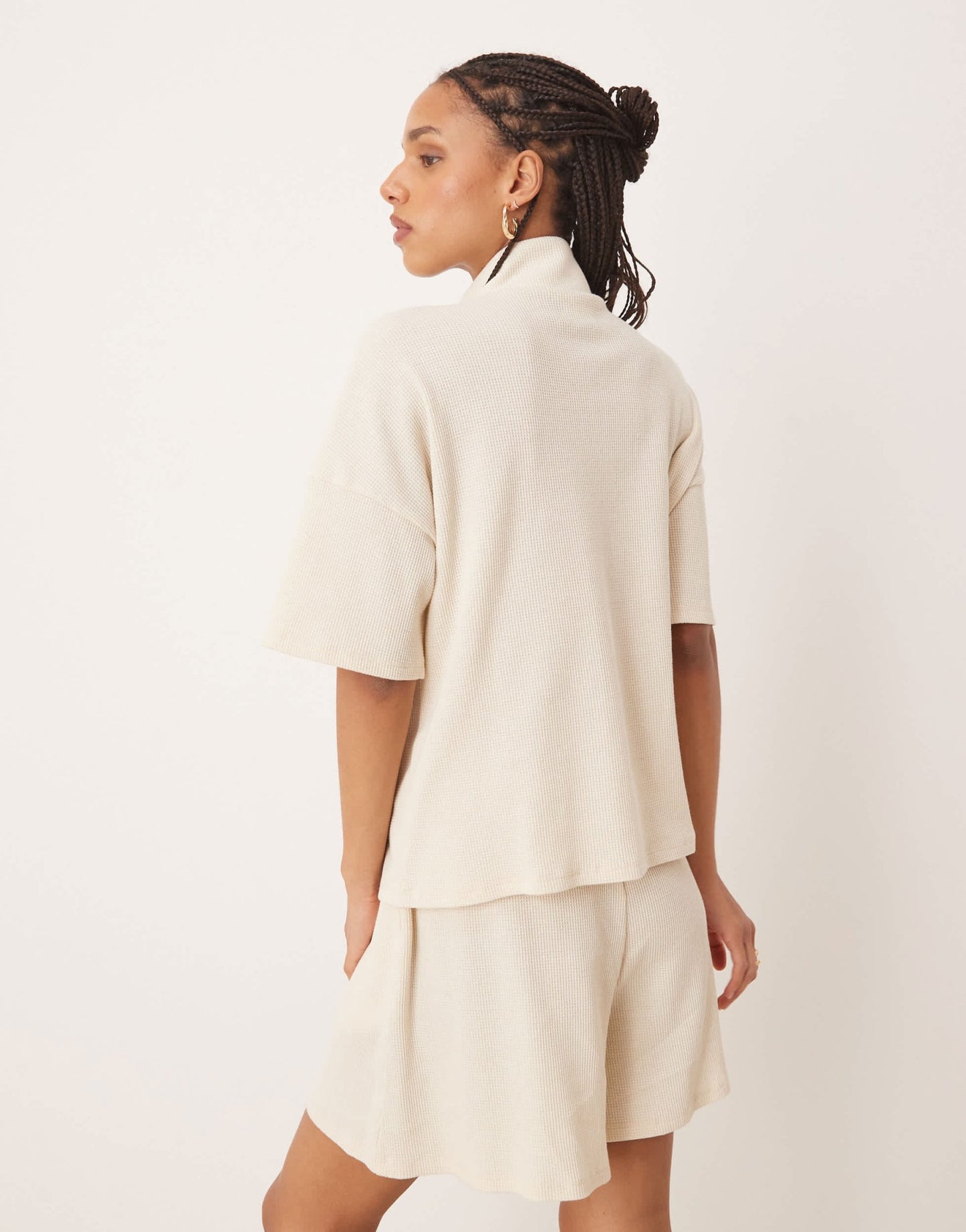 Vila boxy 1/4 zip waffle top co-ord with faux pearl zip detail in birch cream - ASOS Sample Sale