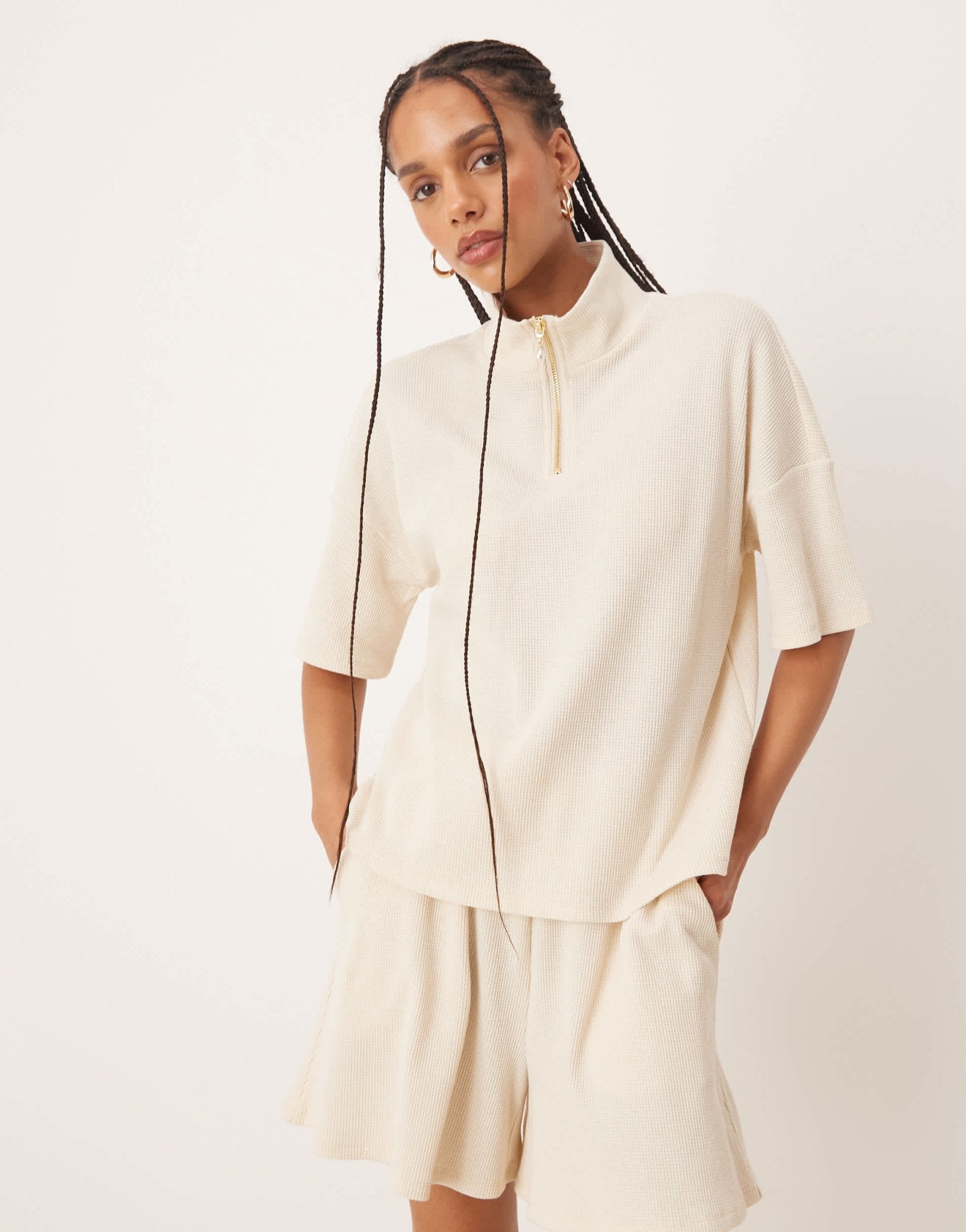 Vila boxy 1/4 zip waffle top co-ord with faux pearl zip detail in birch cream - ASOS Sample Sale