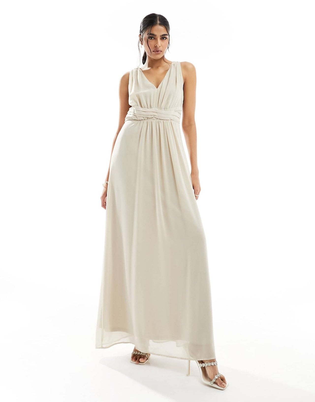 Vila Bridesmaid wrap waist detail maxi dress with pleat front in stone - ASOS Sample Sale