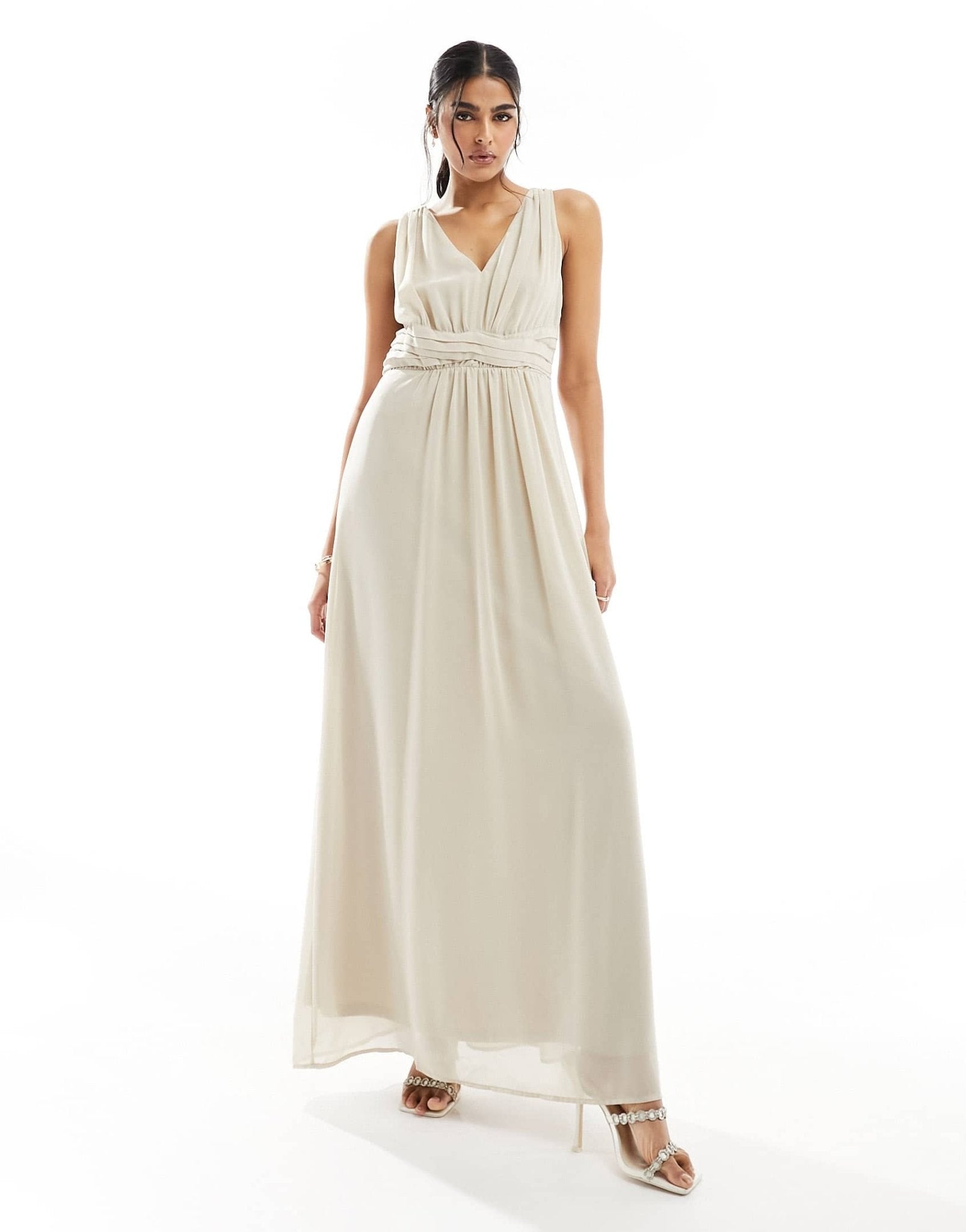 Vila Bridesmaid wrap waist detail maxi dress with pleat front in stone - ASOS Sample Sale