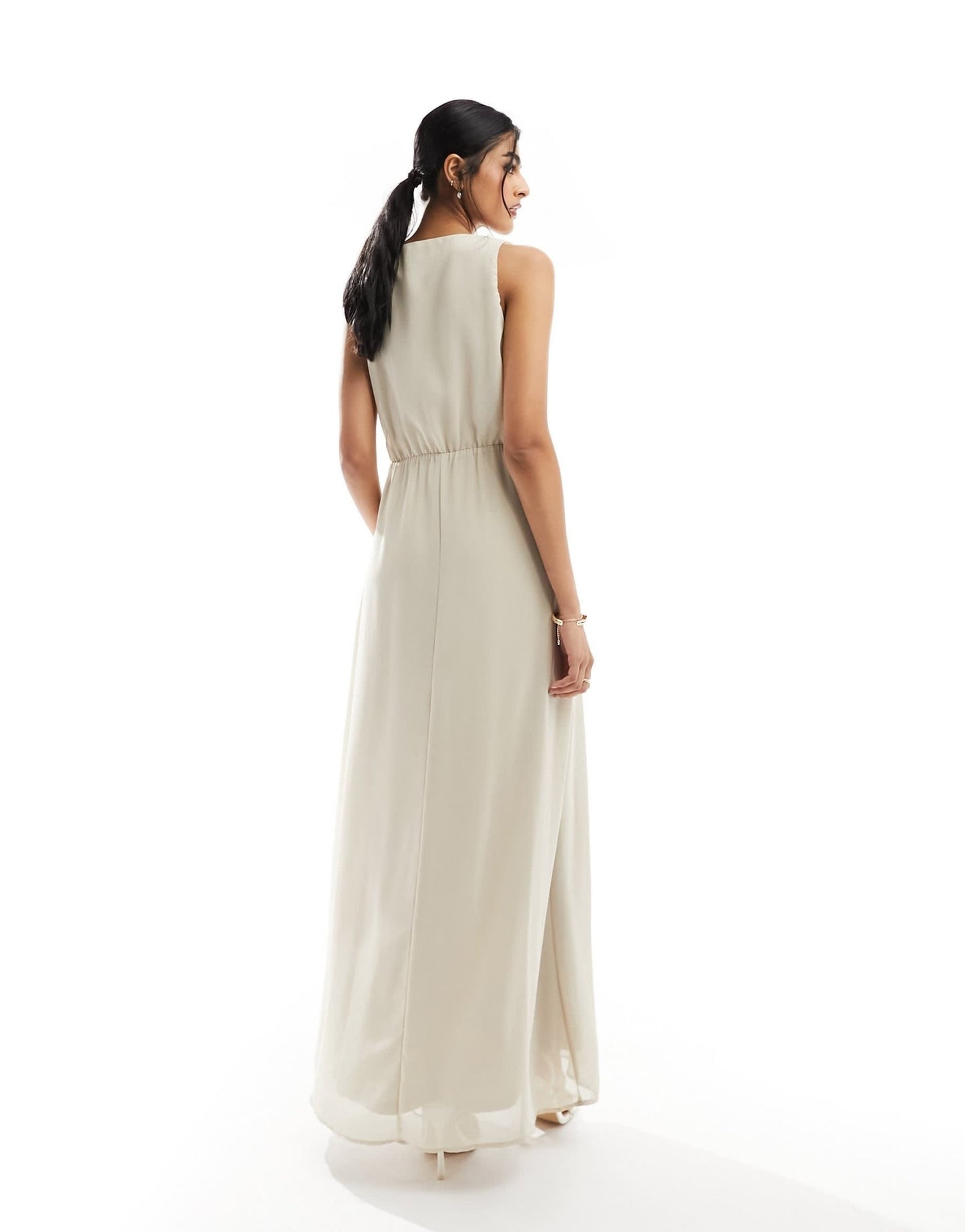 Vila Bridesmaid wrap waist detail maxi dress with pleat front in stone - ASOS Sample Sale