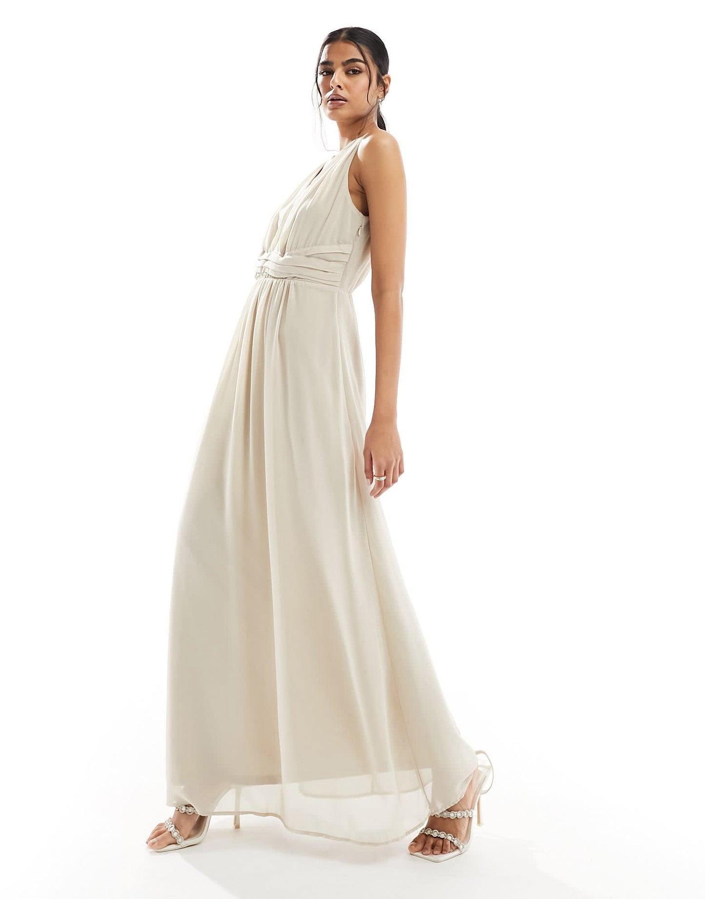 Vila Bridesmaid wrap waist detail maxi dress with pleat front in stone - ASOS Sample Sale
