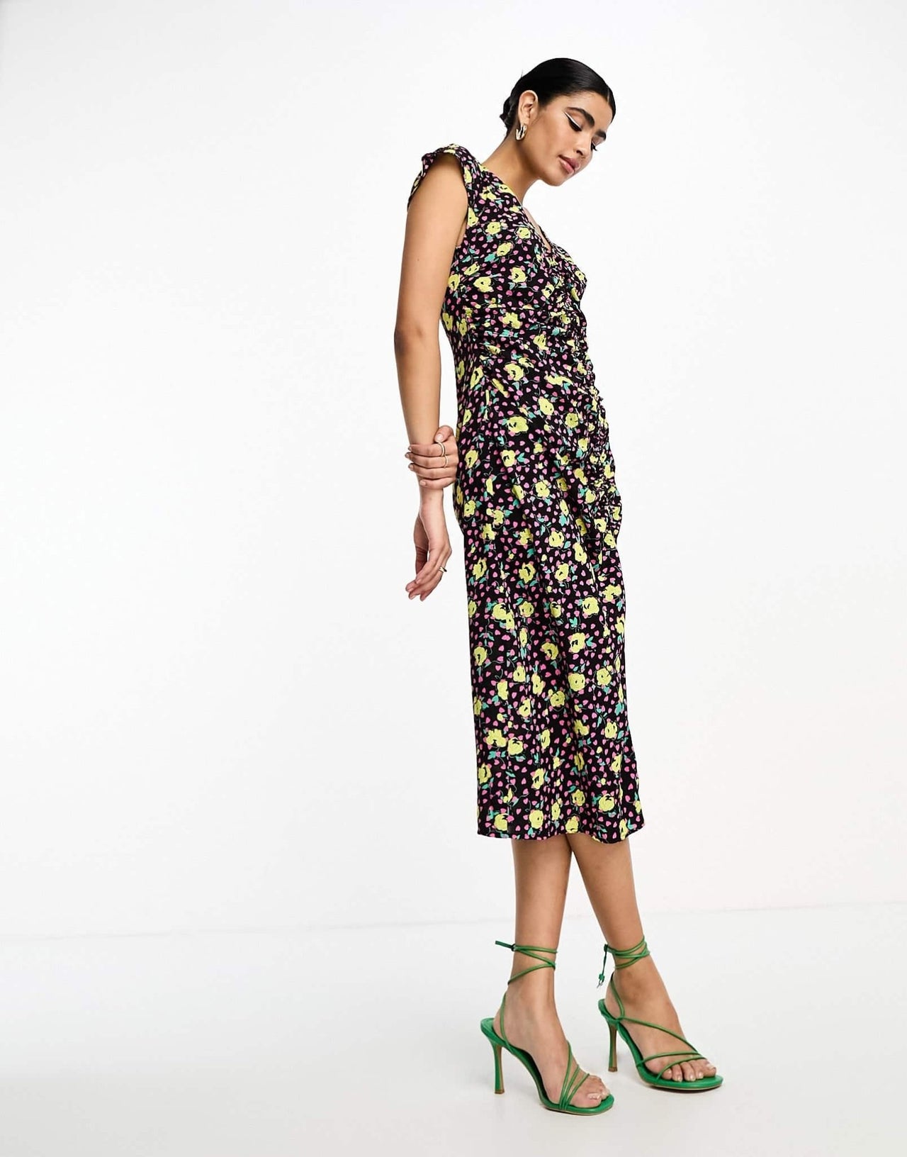 Vila cap sleeve ruched front midi dress in yellow and pink floral - ASOS Sample Sale