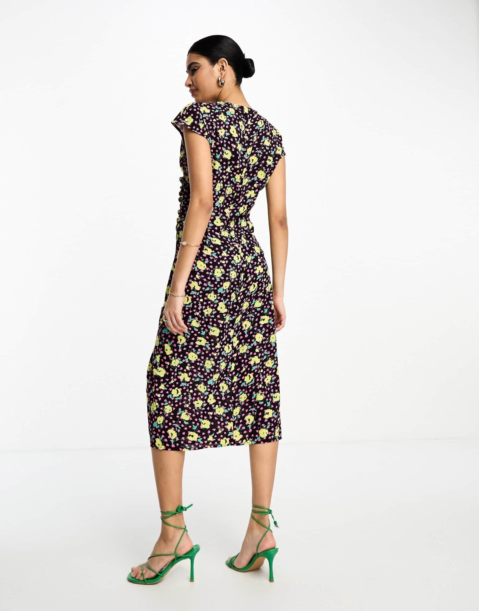 Vila cap sleeve ruched front midi dress in yellow and pink floral - ASOS Sample Sale