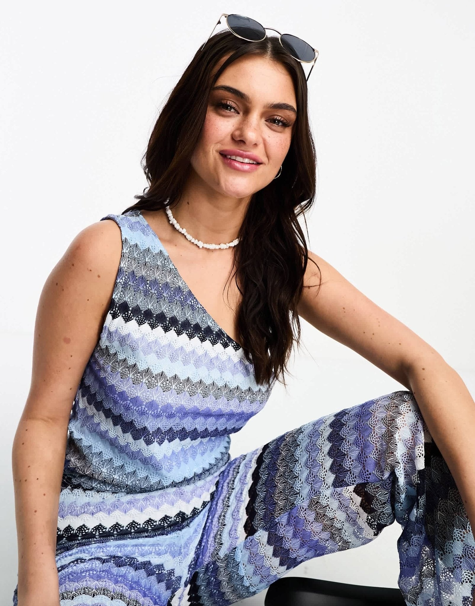 Vila chevron one shoulder top co - ord in blue - ASOS Sample Sale