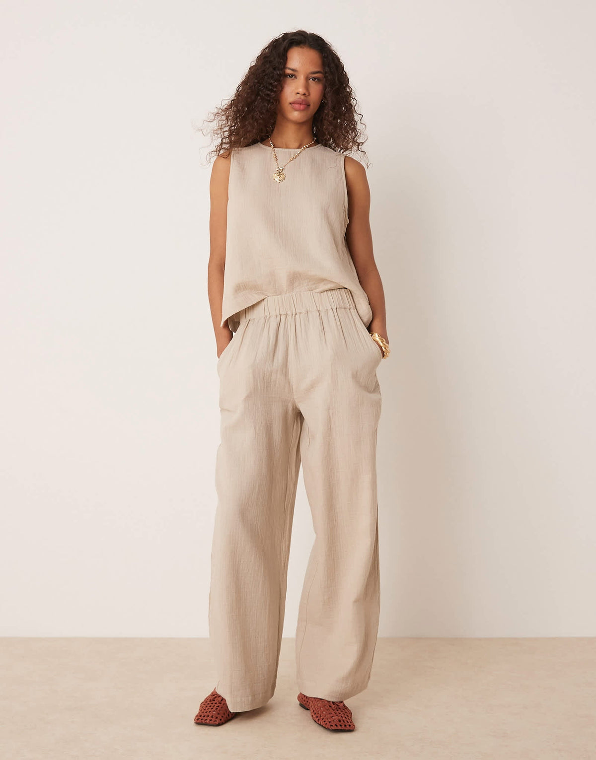 Vila crinkle wide leg trouser co-ord in beige - ASOS Sample Sale