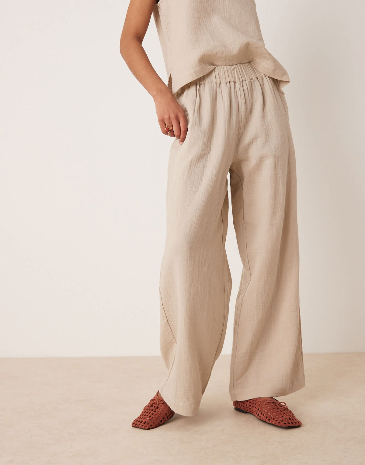 Vila crinkle wide leg trouser co-ord in beige - ASOS Sample Sale