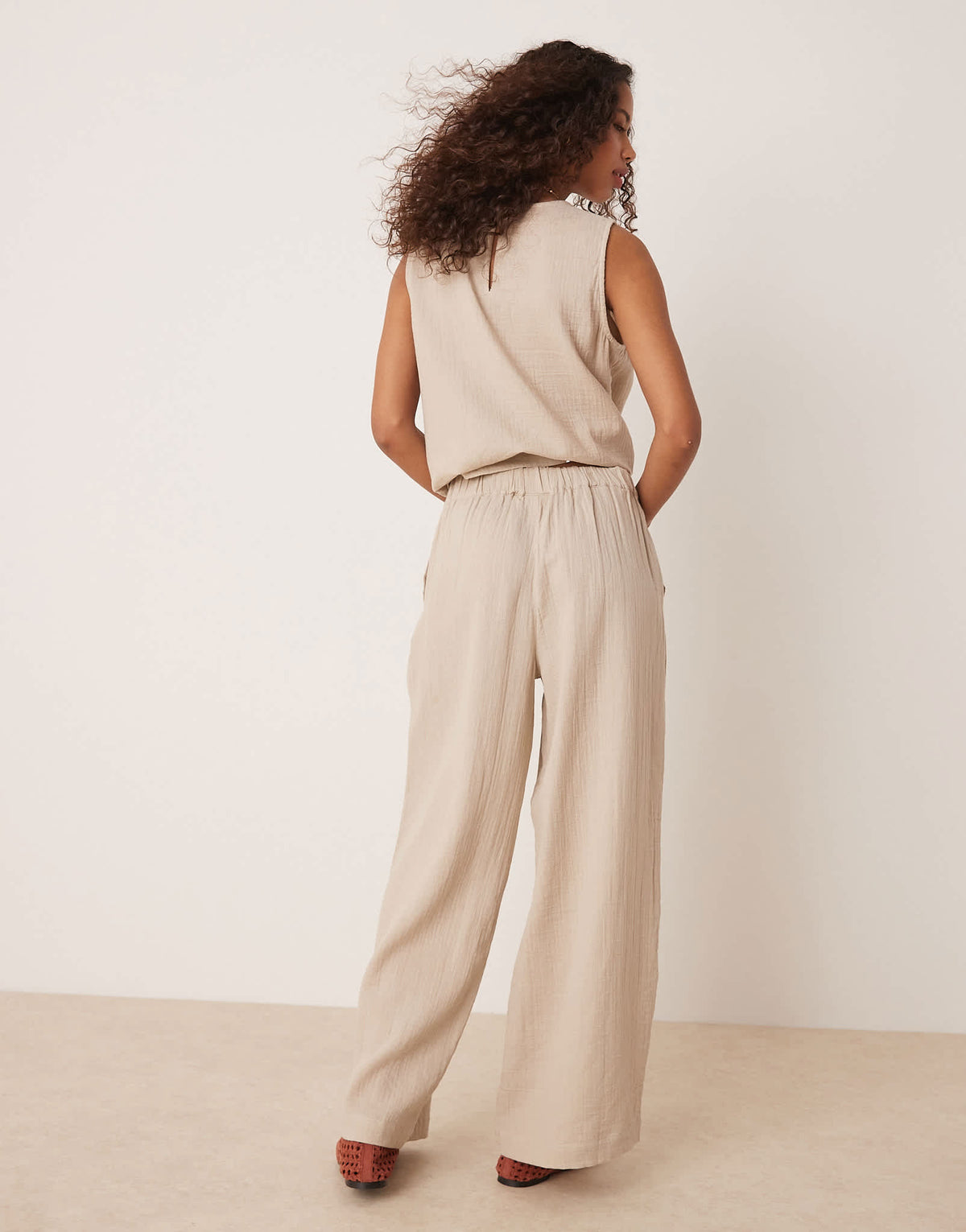 Vila crinkle wide leg trouser co-ord in beige - ASOS Sample Sale