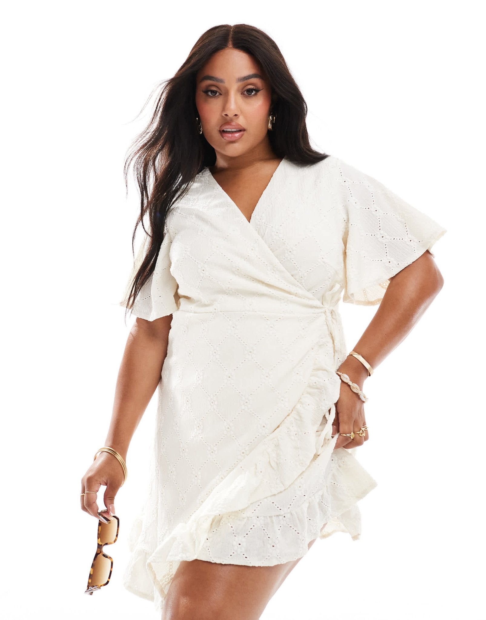 Vila Curve jersey broderie wrap mini dress in cream - ASOS Sample Sale