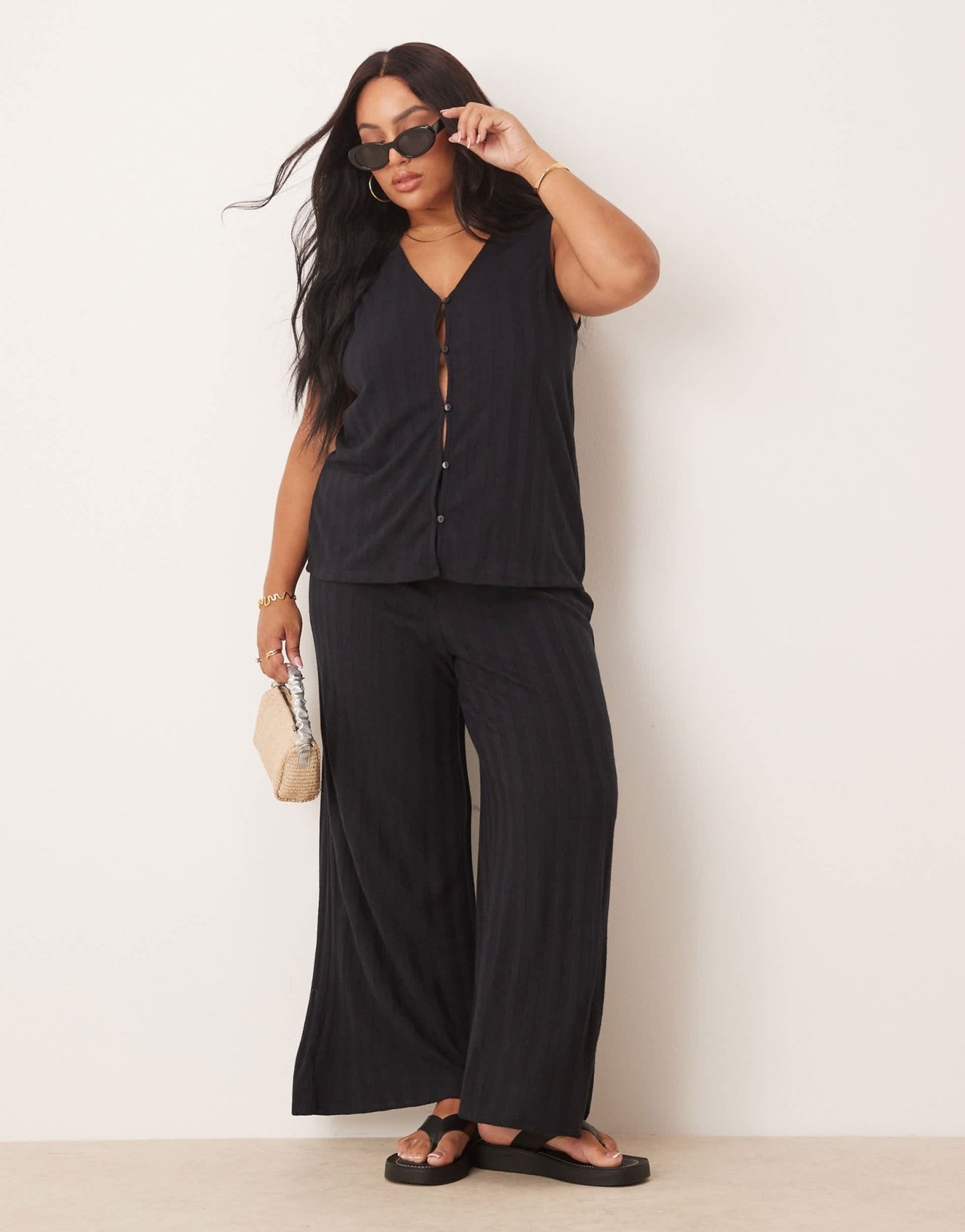 Vila Curve lightweight knitted wide leg trouser co-ord in black - ASOS Sample Sale