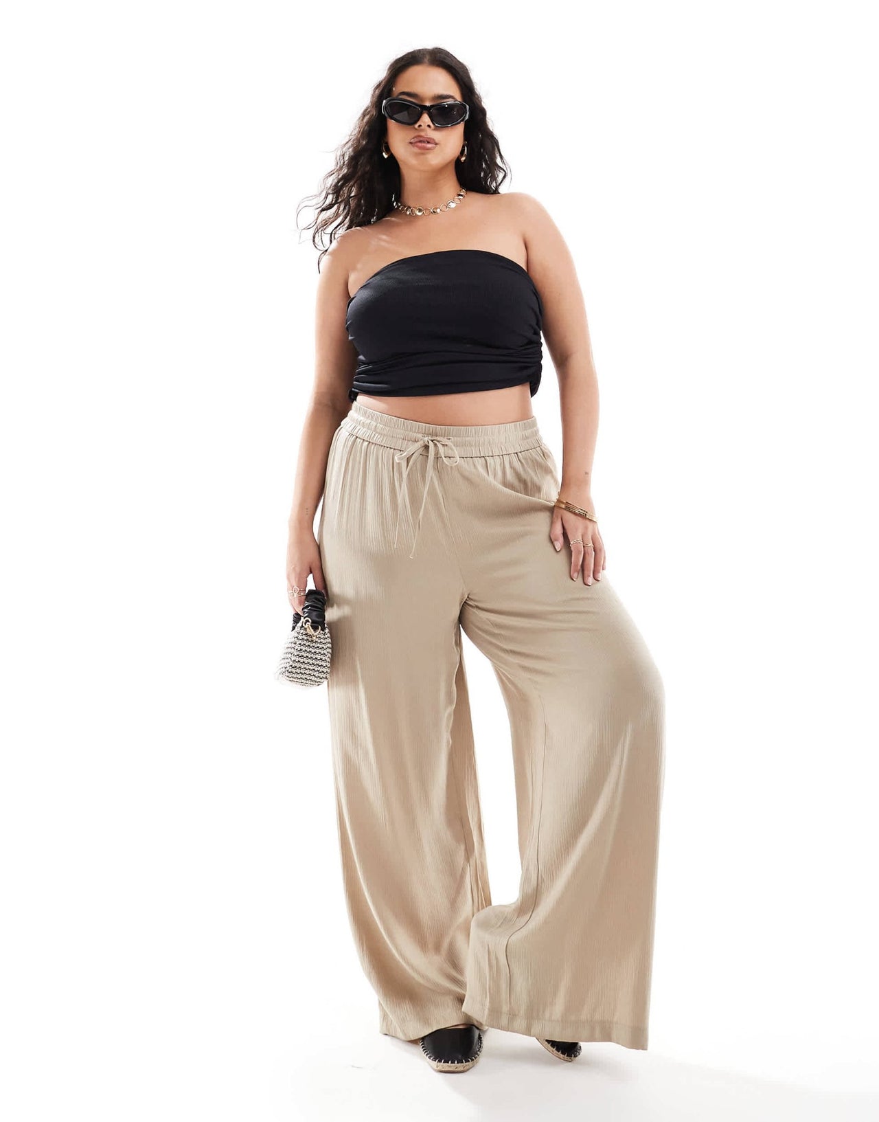 Vila Curve weighted plisse satin feel wide leg trousers in beige - ASOS Sample Sale