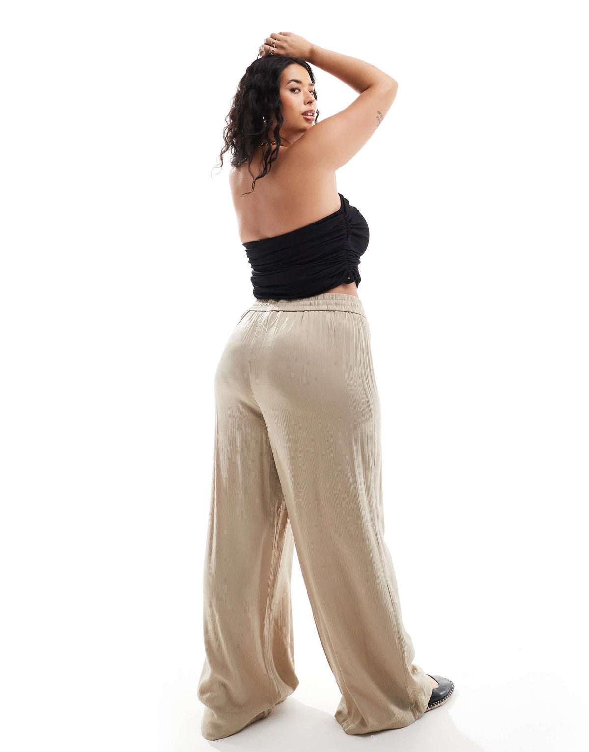 Vila Curve weighted plisse satin feel wide leg trousers in beige - ASOS Sample Sale