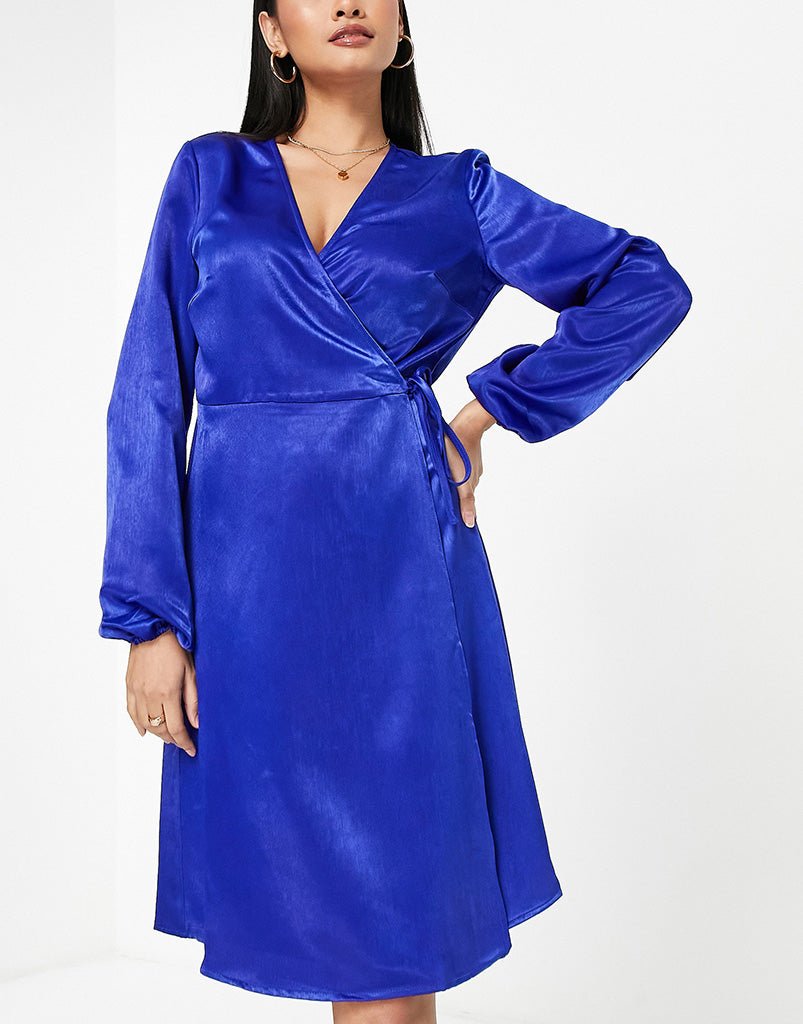 Vila exclusive satin wrap midi dress in bright blue - ASOS Sample Sale