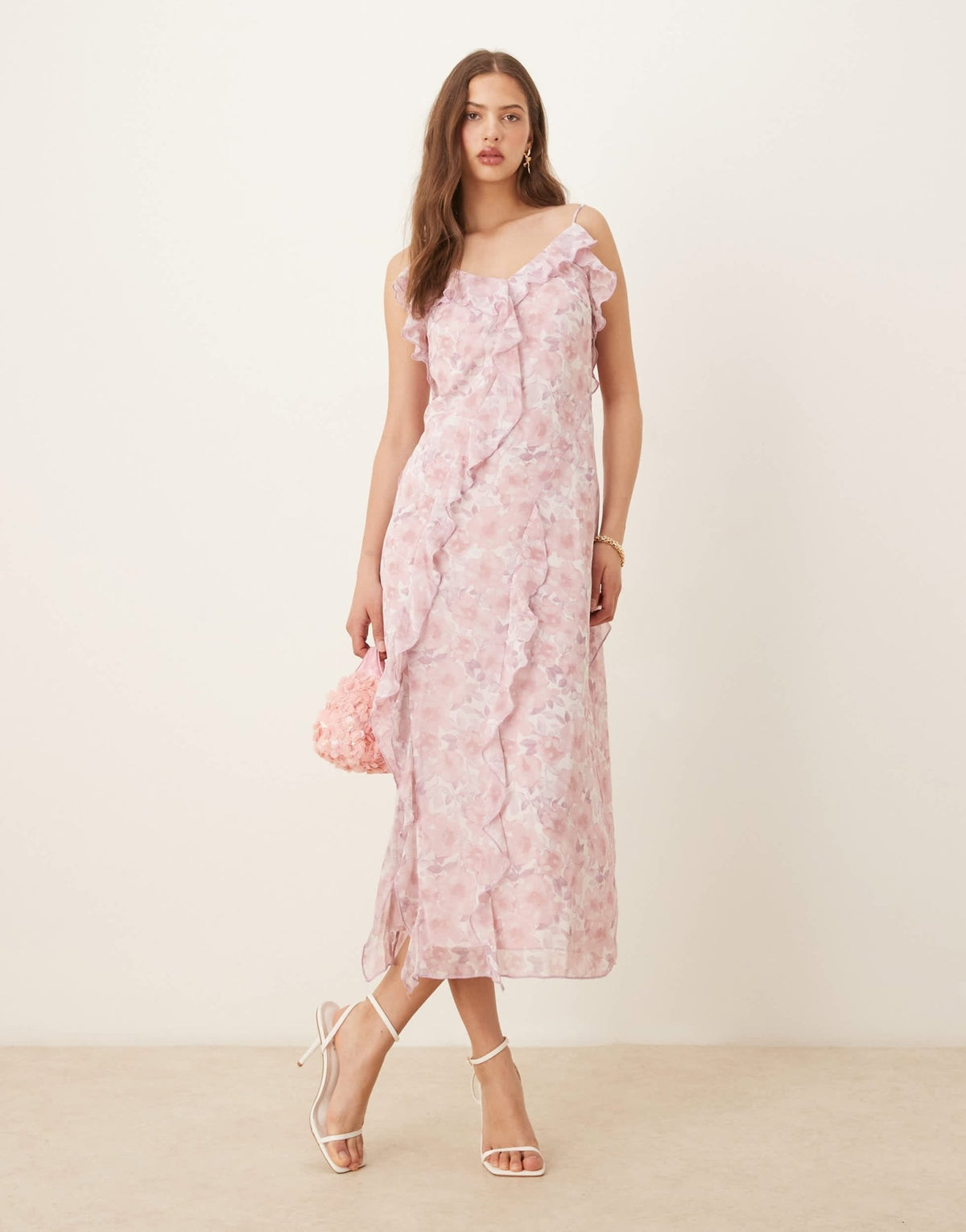 Vila frill trim midi dress in pink ditsy floral - ASOS Sample Sale