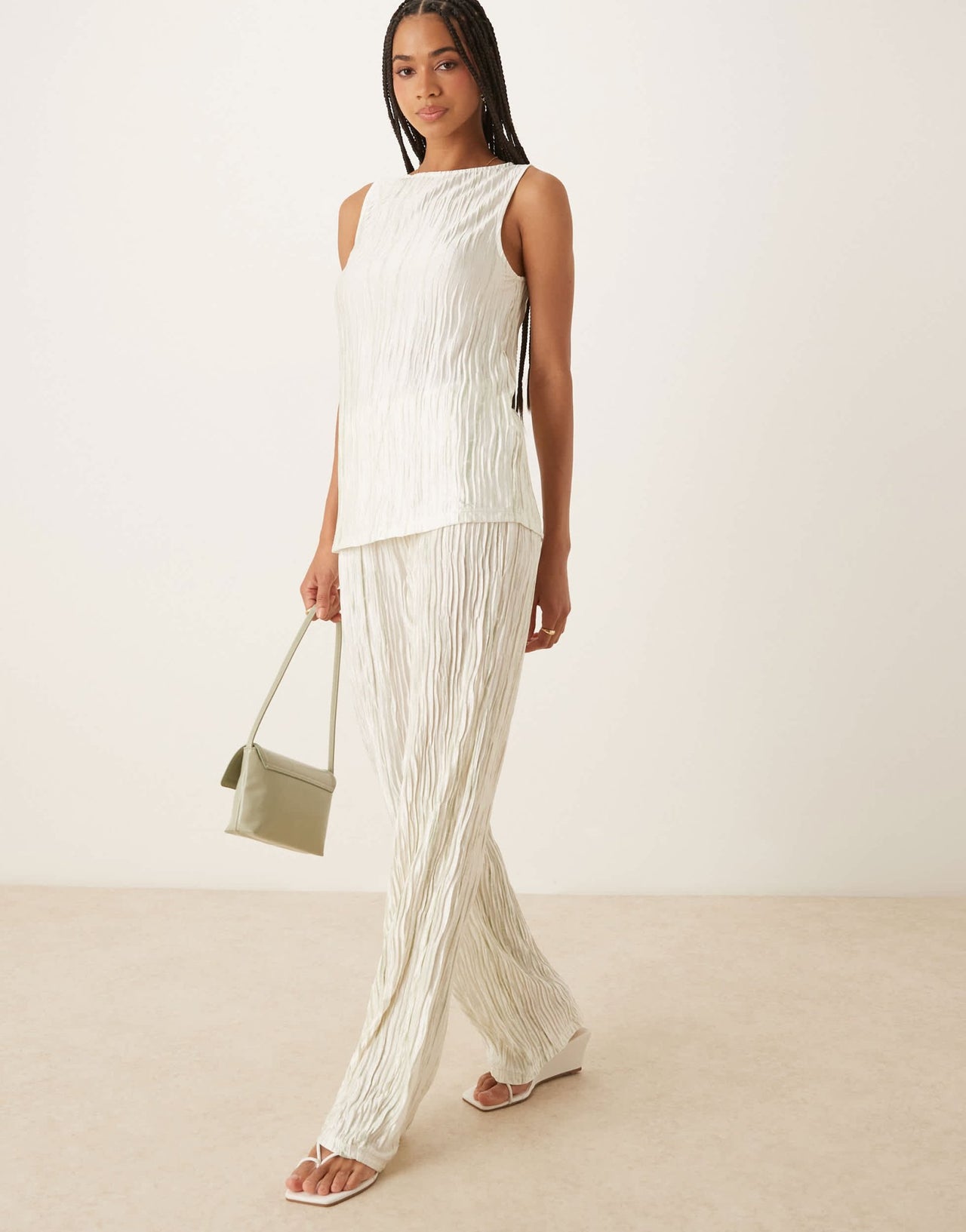 Vila high waist plisse wide leg trouser co-ord in pale silt green tie dye - ASOS Sample Sale