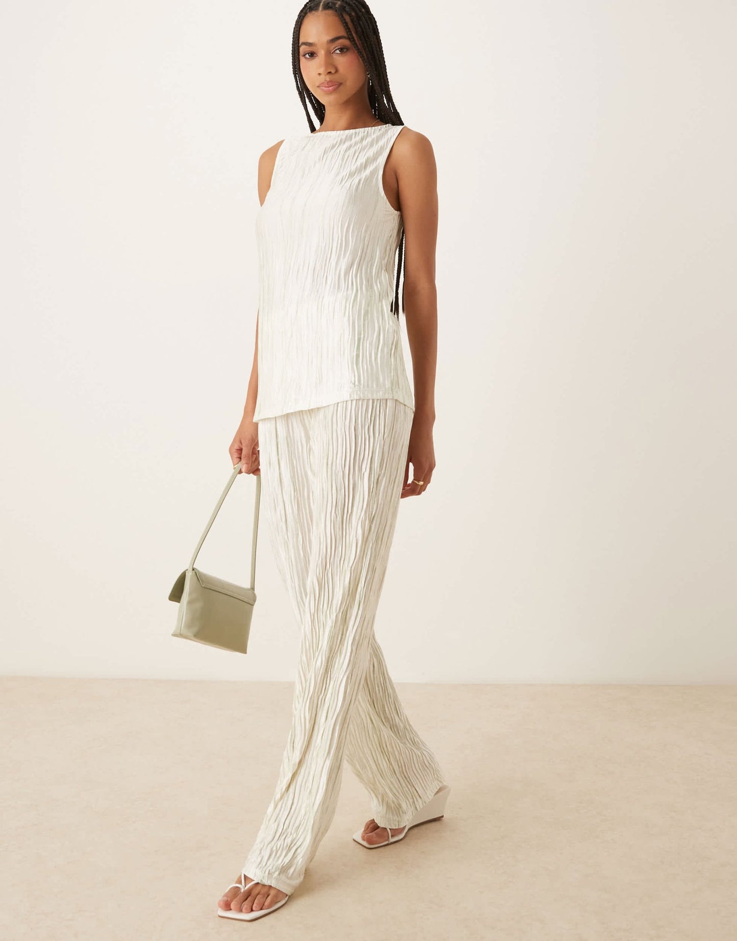 Vila high waist plisse wide leg trouser co-ord in pale silt green tie dye - ASOS Sample Sale