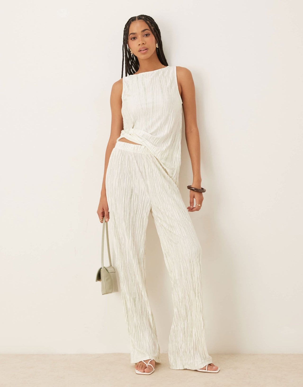 Vila high waist plisse wide leg trouser co-ord in pale silt green tie dye - ASOS Sample Sale