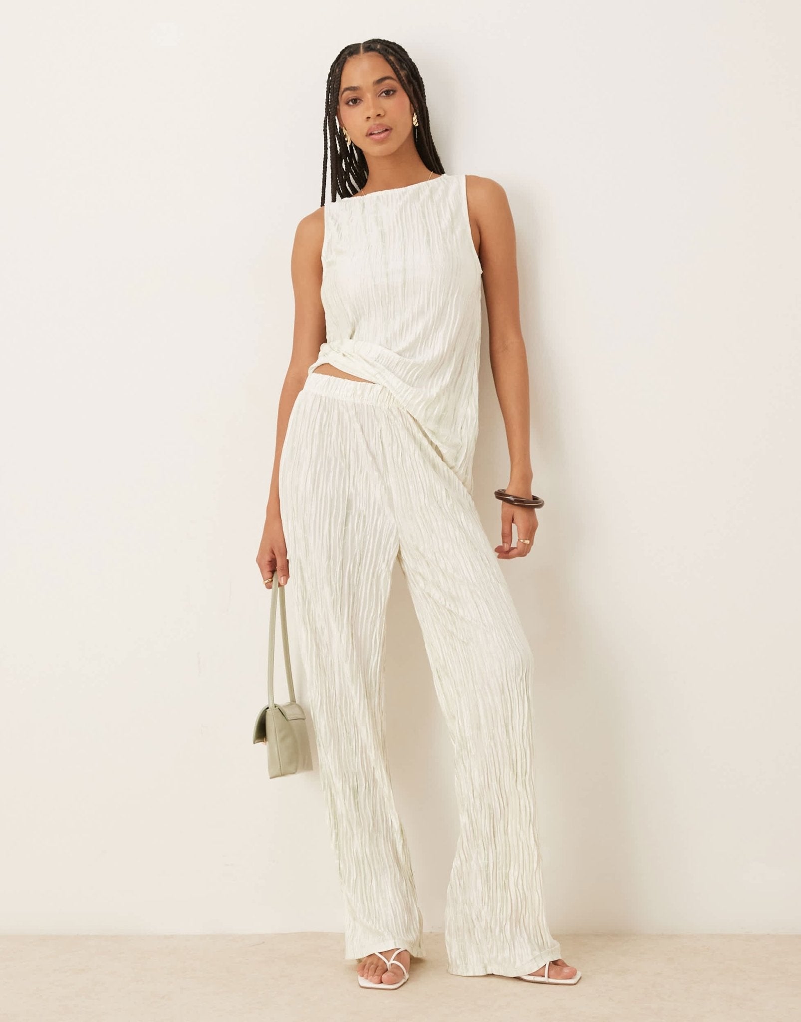 Vila high waist plisse wide leg trouser co-ord in pale silt green tie dye - ASOS Sample Sale