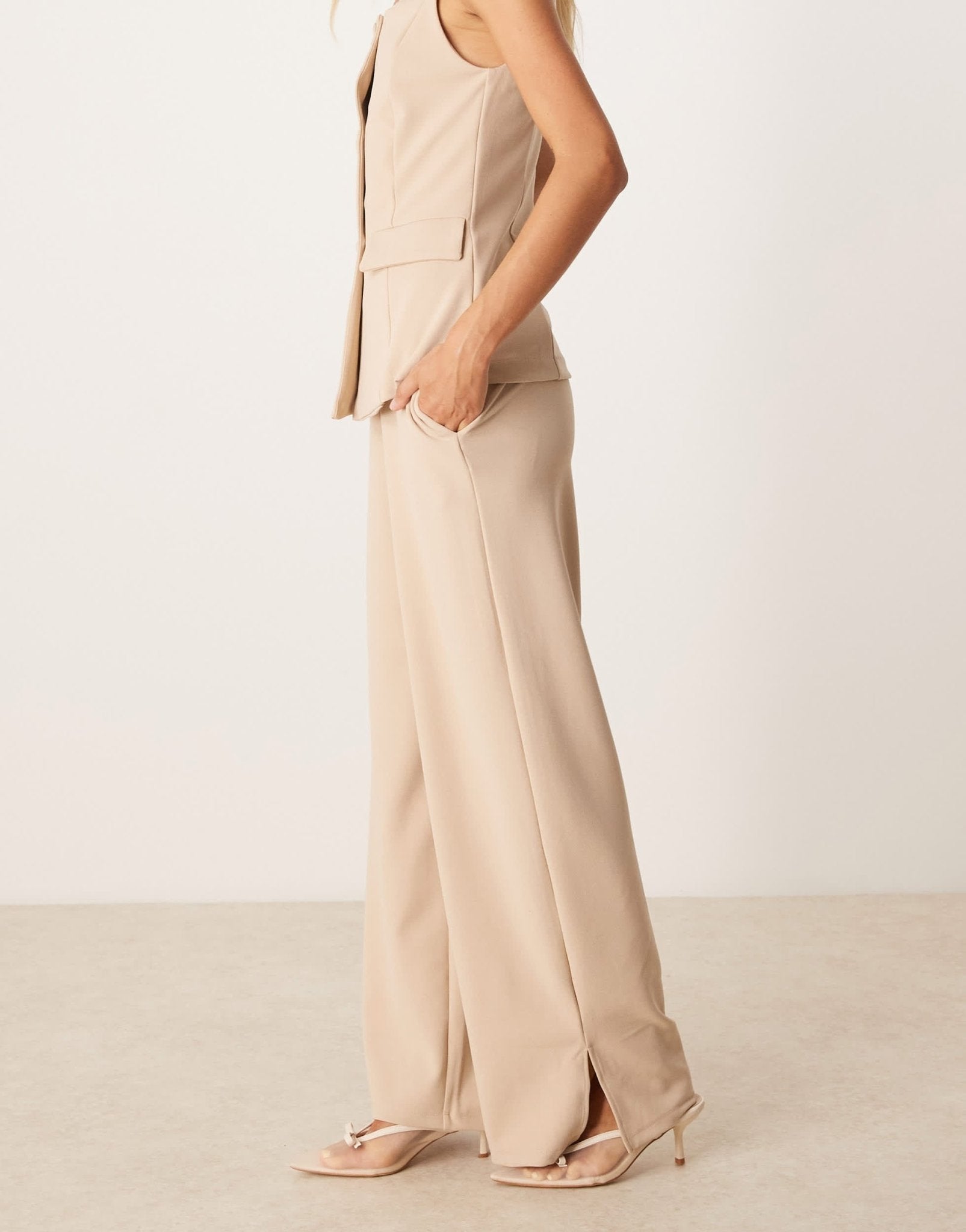 Vila high waist tailored trouser co-ord in stone - ASOS Sample Sale