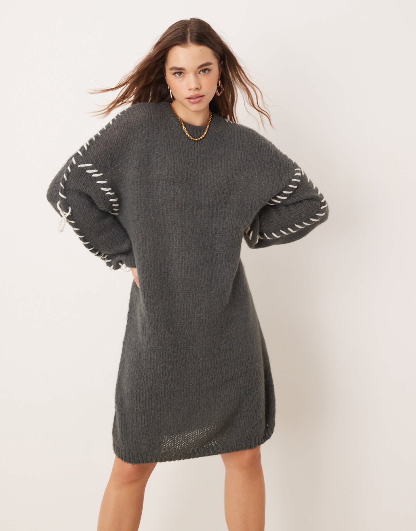 Vila knitted jumper mini dress with contrast stitch in grey - ASOS Sample Sale