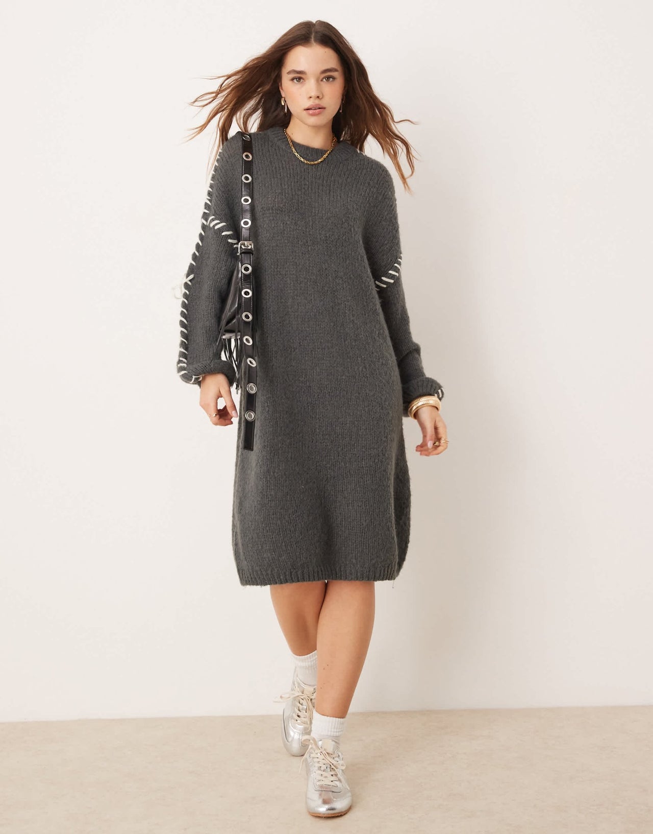 Vila knitted jumper mini dress with contrast stitch in grey - ASOS Sample Sale