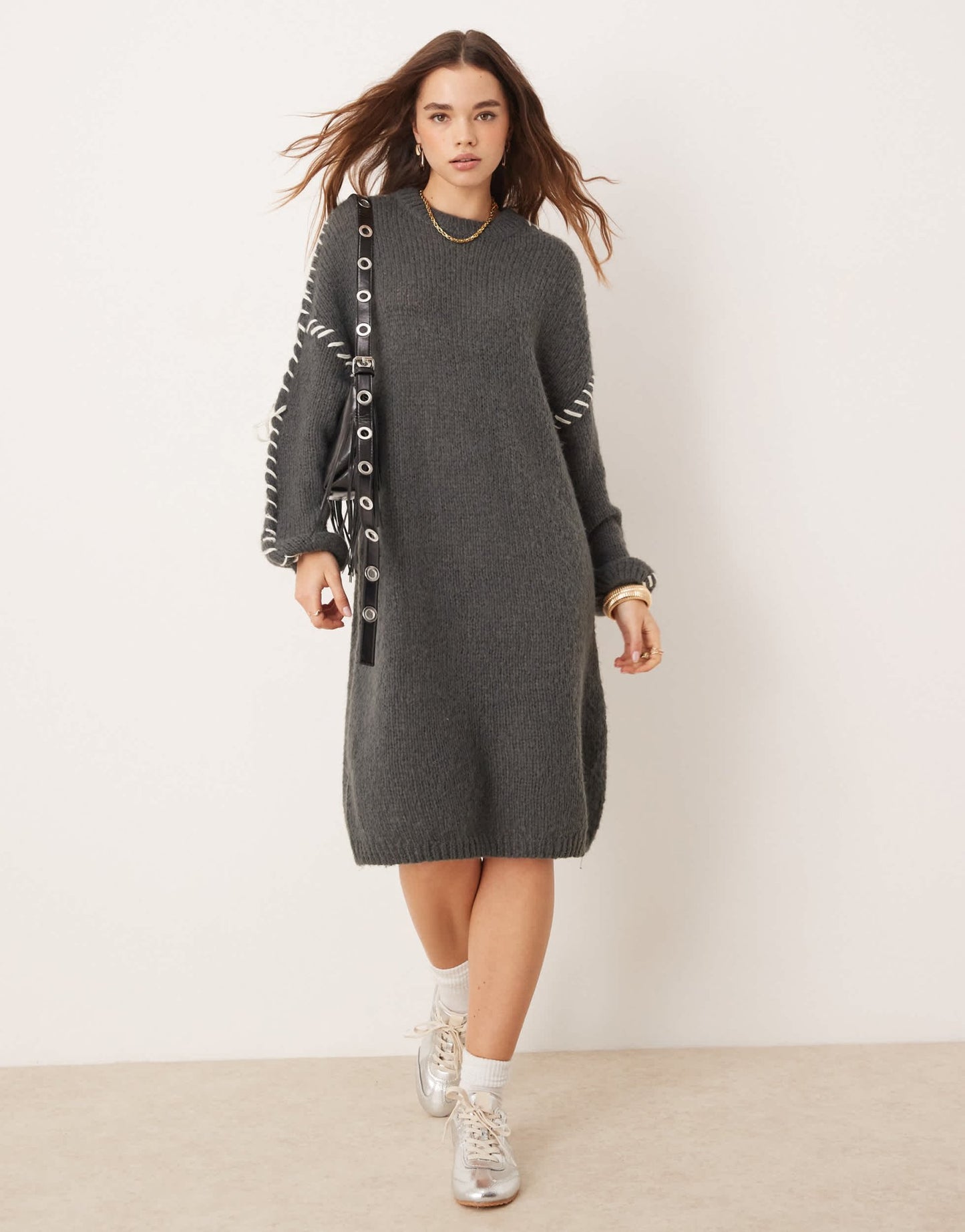 Vila knitted jumper mini dress with contrast stitch in grey - ASOS Sample Sale
