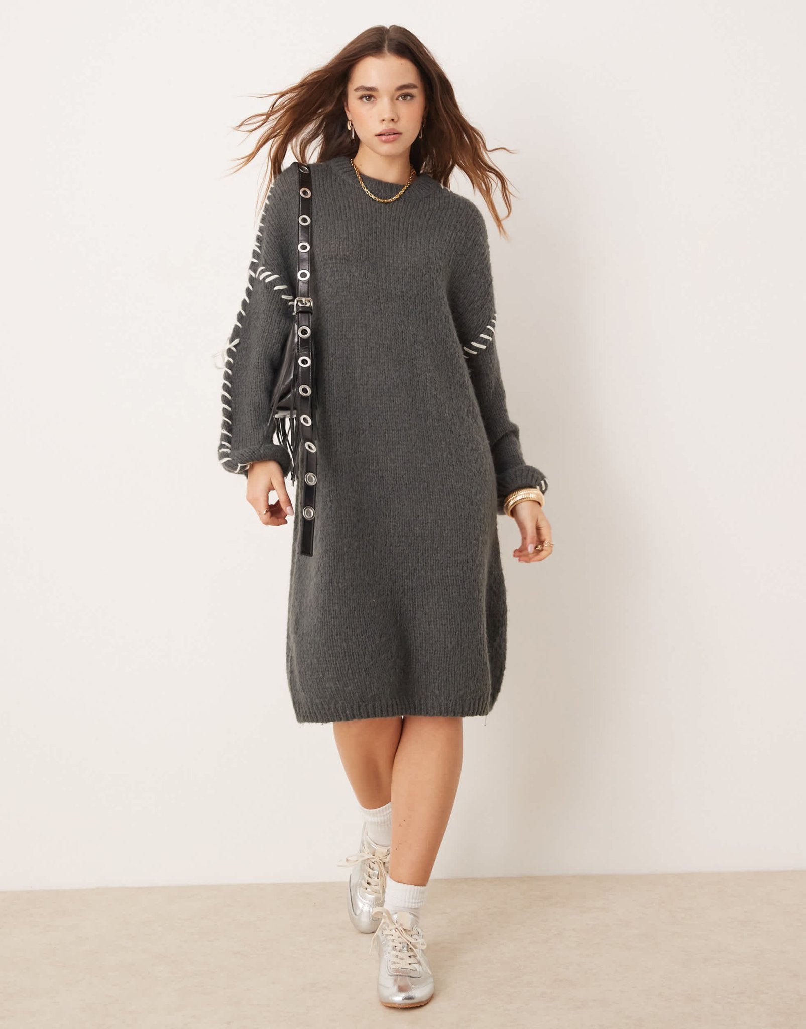 Vila knitted jumper mini dress with contrast stitch in grey - ASOS Sample Sale