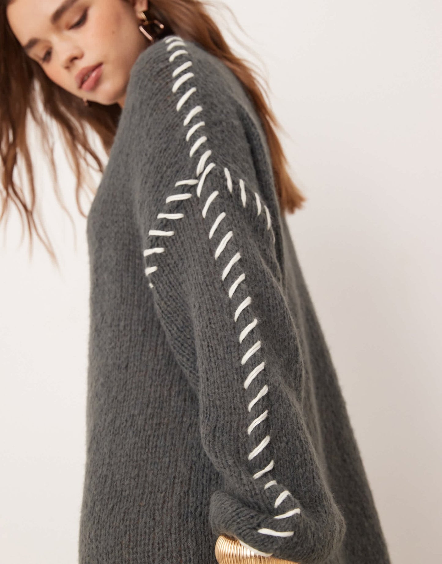 Vila knitted jumper mini dress with contrast stitch in grey - ASOS Sample Sale