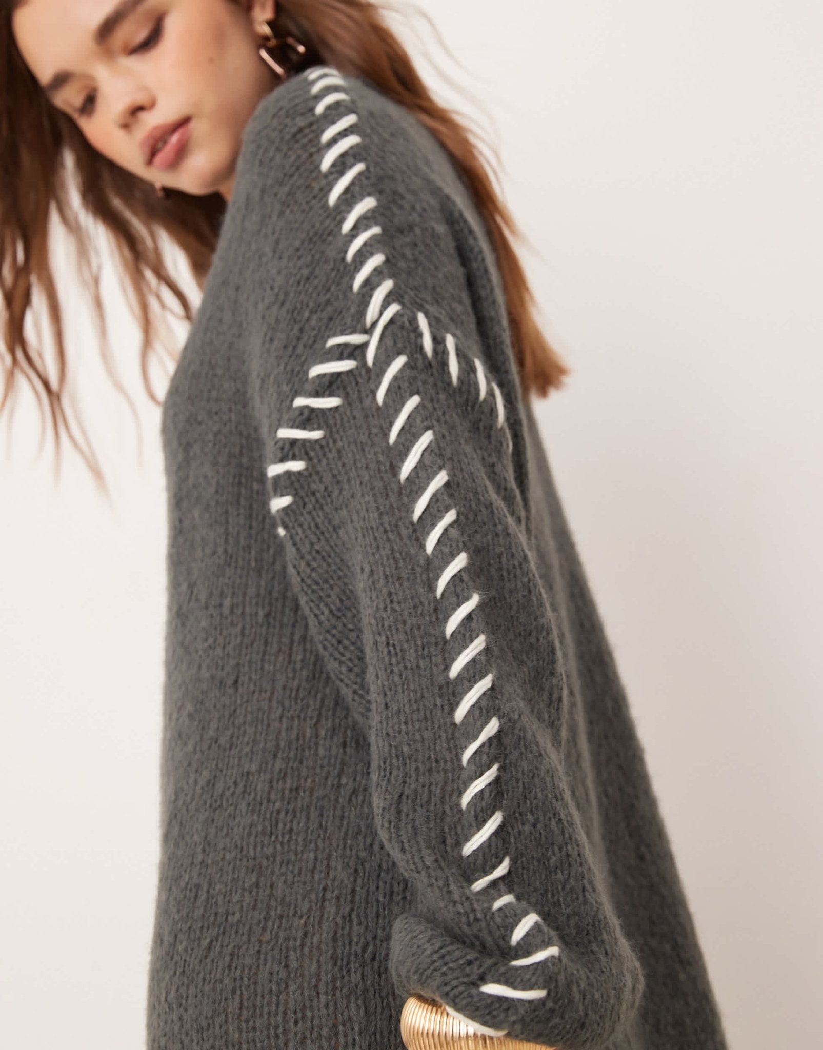 Vila knitted jumper mini dress with contrast stitch in grey - ASOS Sample Sale