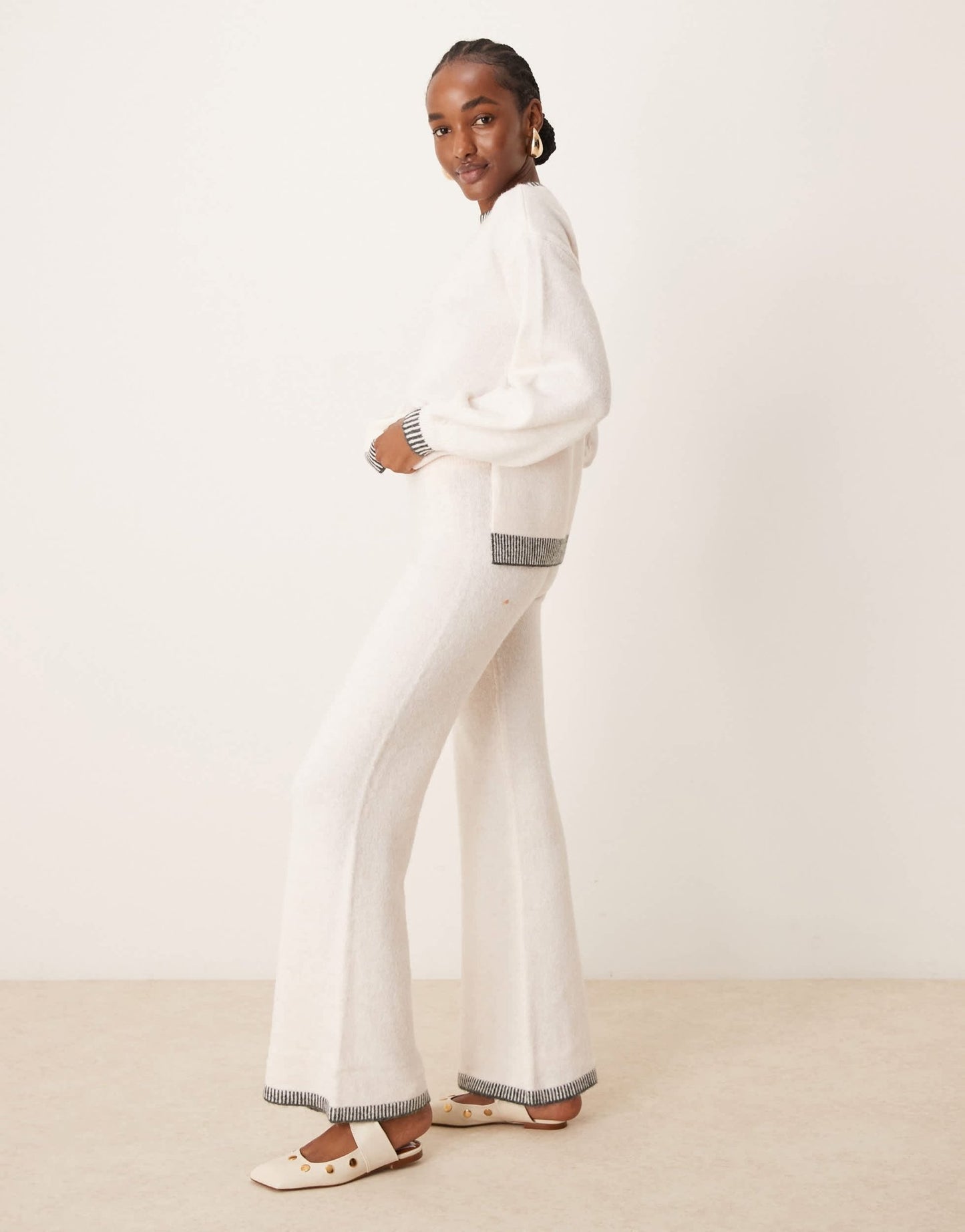 Vila knitted wide leg trouser co - ord with contrast stitch in cream - ASOS Sample Sale