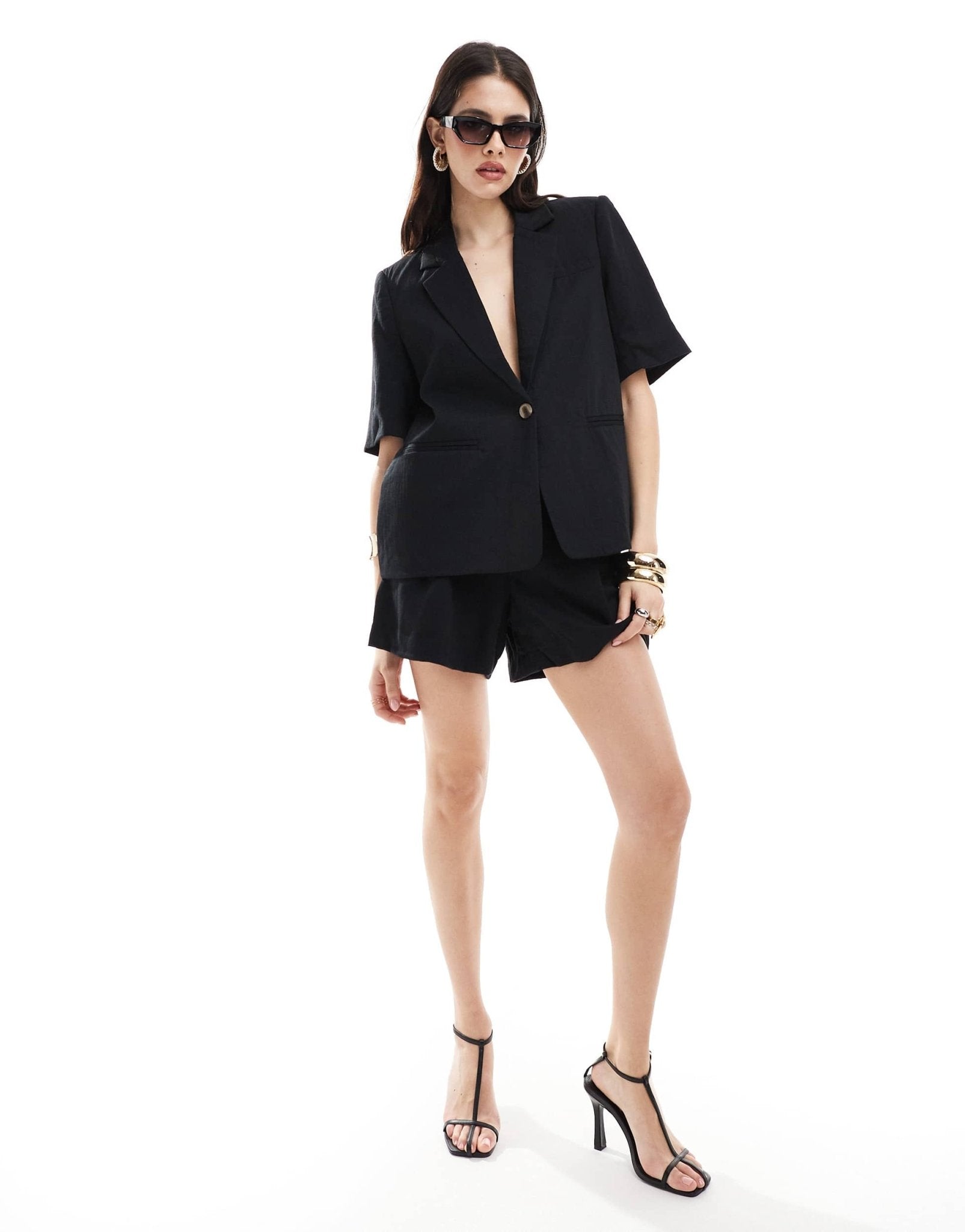 Vila linen look pleat front short co - ord in black - ASOS Sample Sale