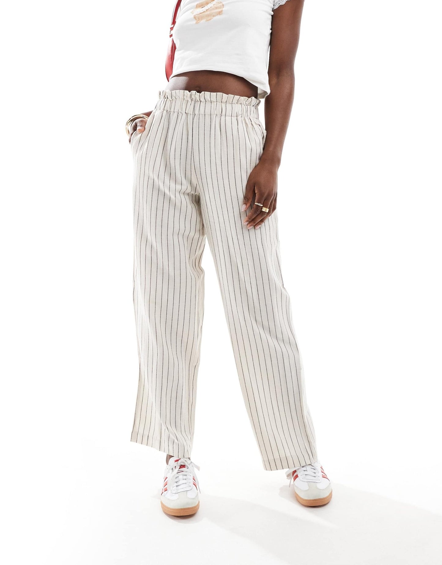 Vila linen touch pinstripe wide leg trousers in cream - ASOS Sample Sale