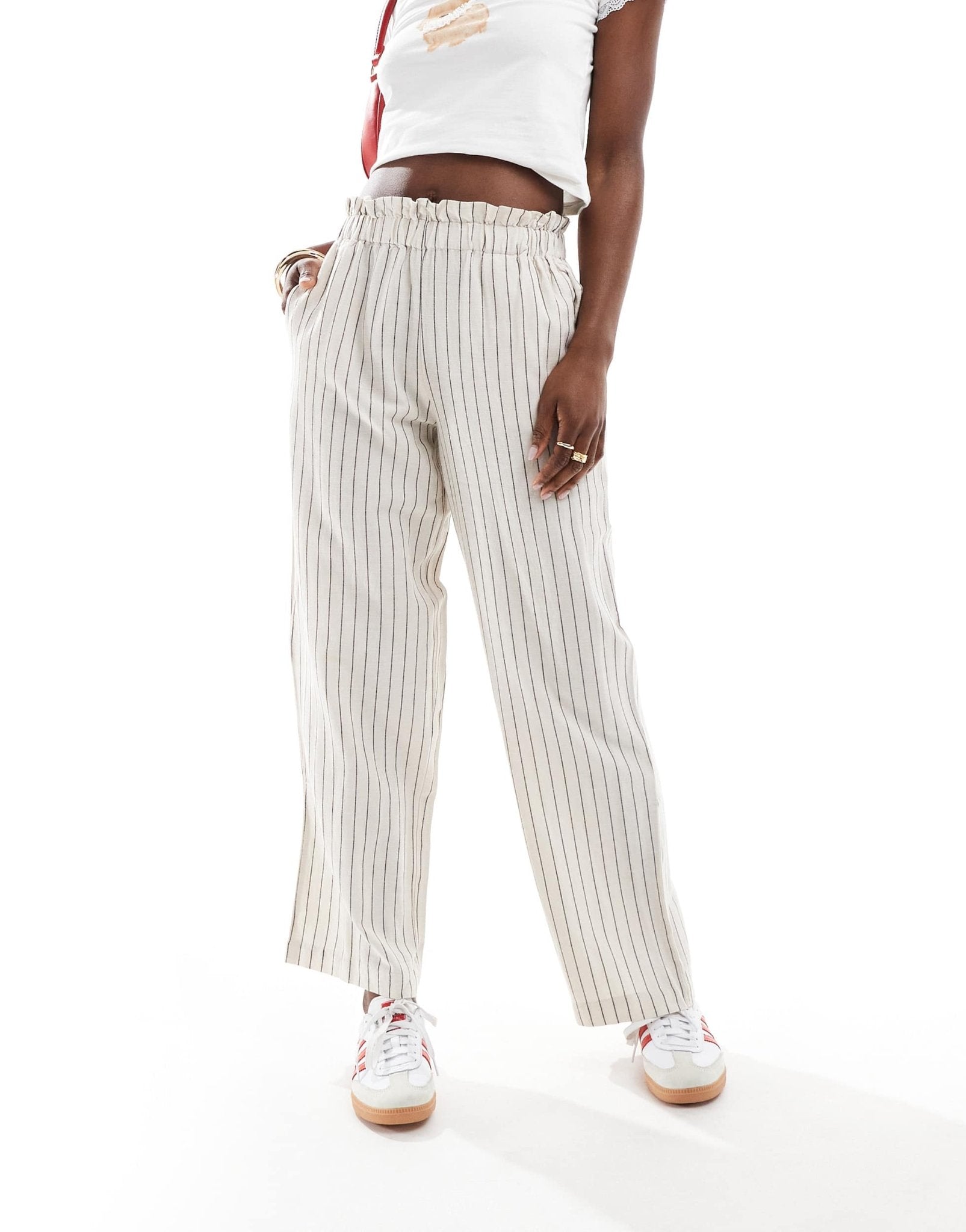 Vila linen touch pinstripe wide leg trousers in cream - ASOS Sample Sale