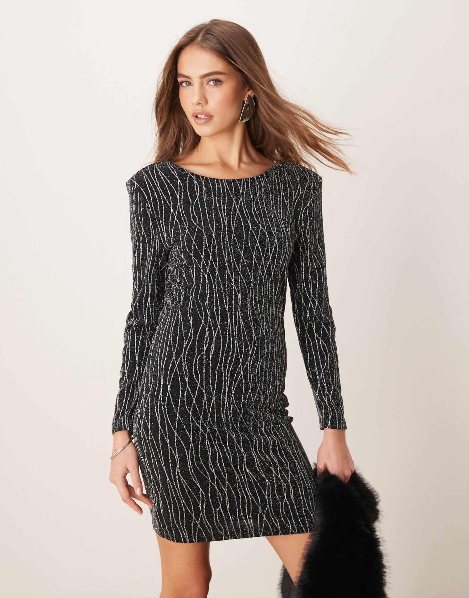Vila o neck longsleeve mini dress in black glitter - ASOS Sample Sale