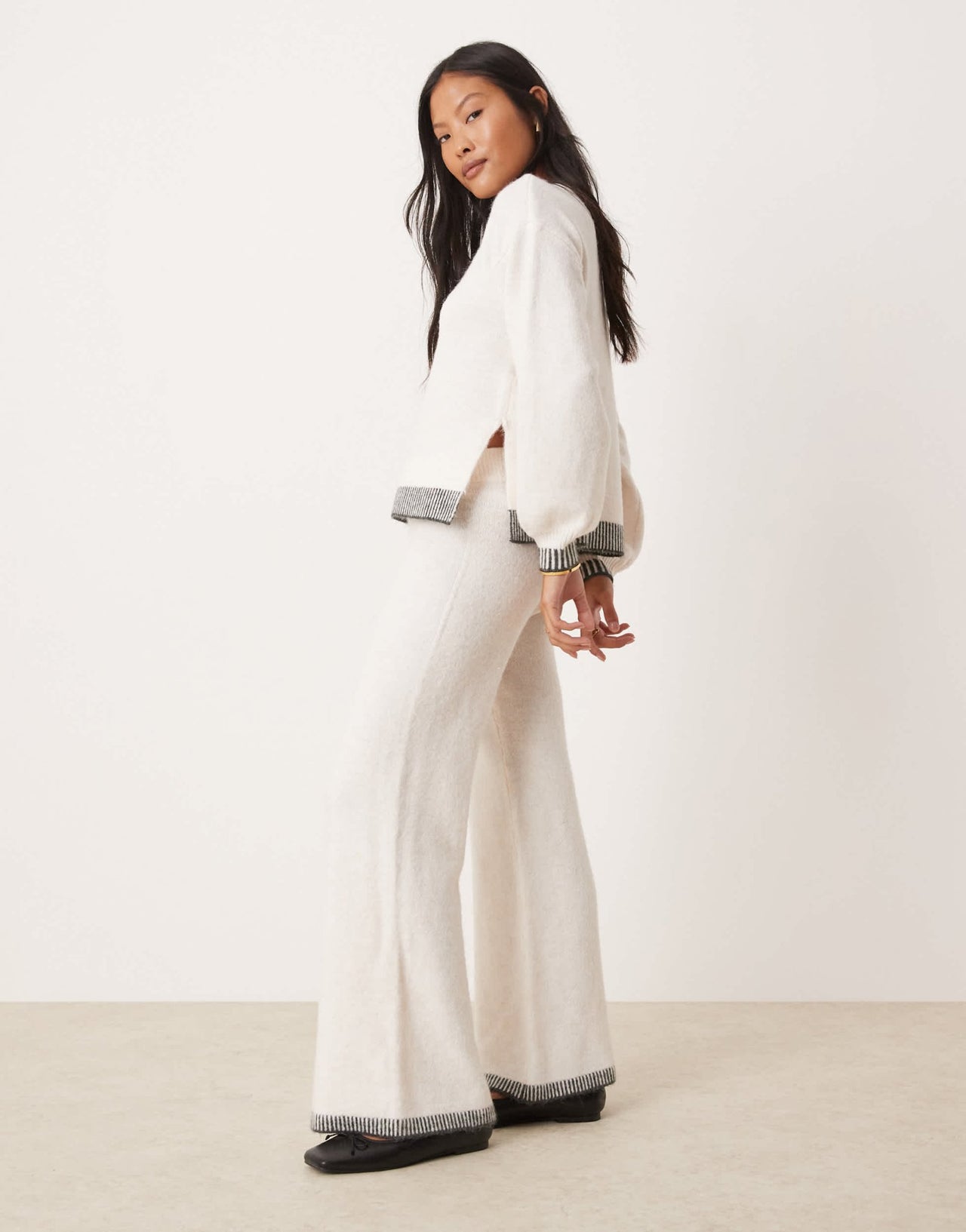 Vila Petite knitted wide leg trouser co - ord with contrast stitch in cream - ASOS Sample Sale
