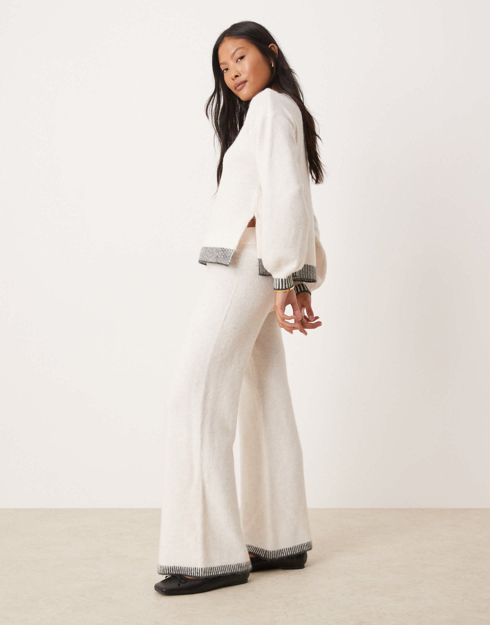 Vila Petite knitted wide leg trouser co - ord with contrast stitch in cream - ASOS Sample Sale