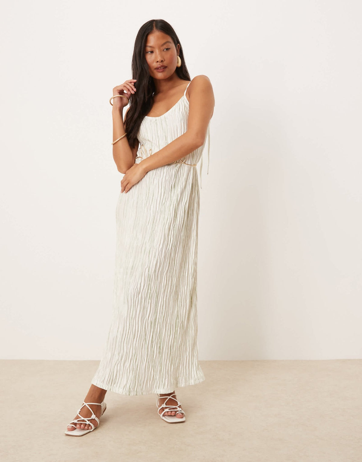 Vila Petite plisse cami maxi slip dress in pale silt green tie dye - ASOS Sample Sale