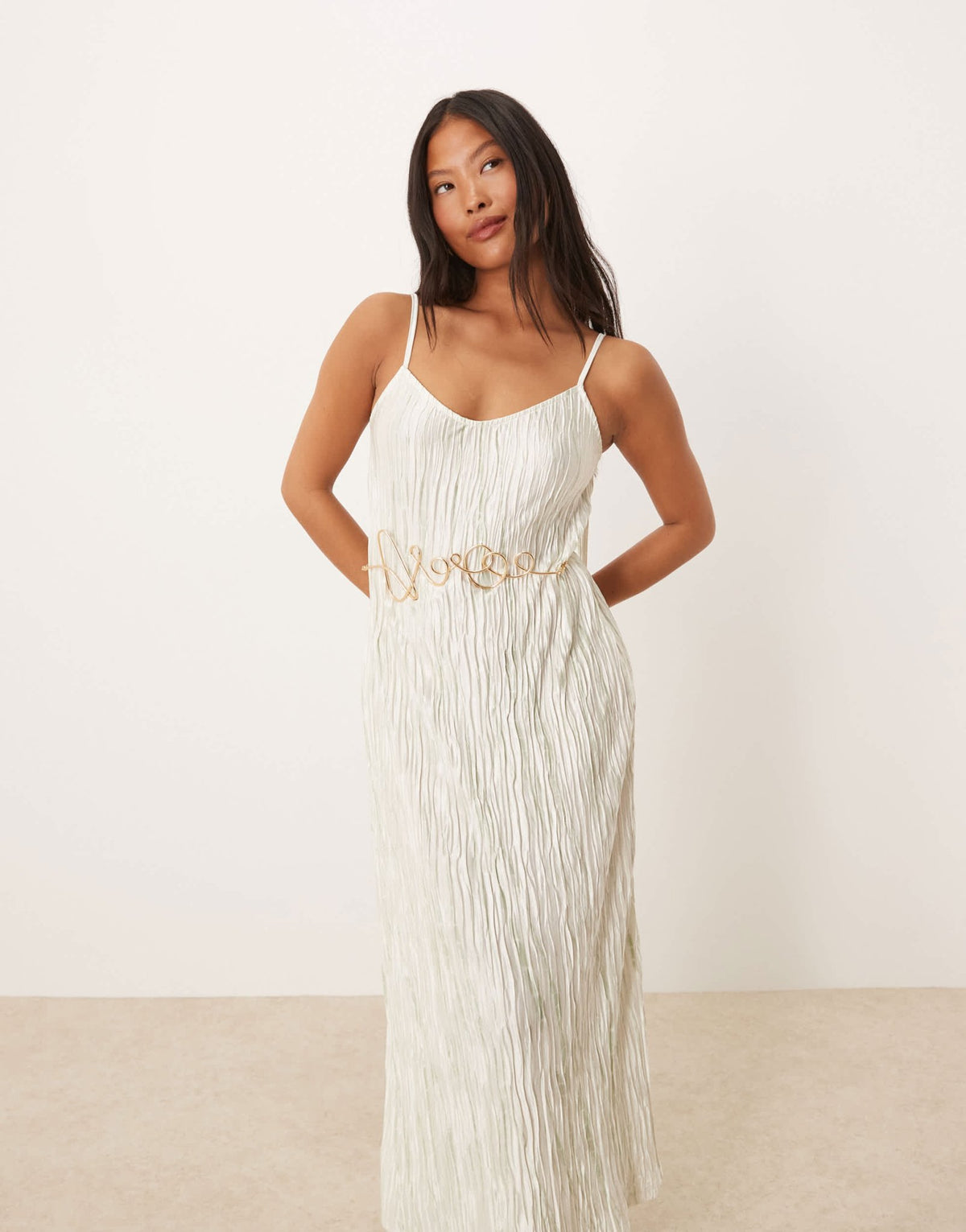 Vila Petite plisse cami maxi slip dress in pale silt green tie dye - ASOS Sample Sale