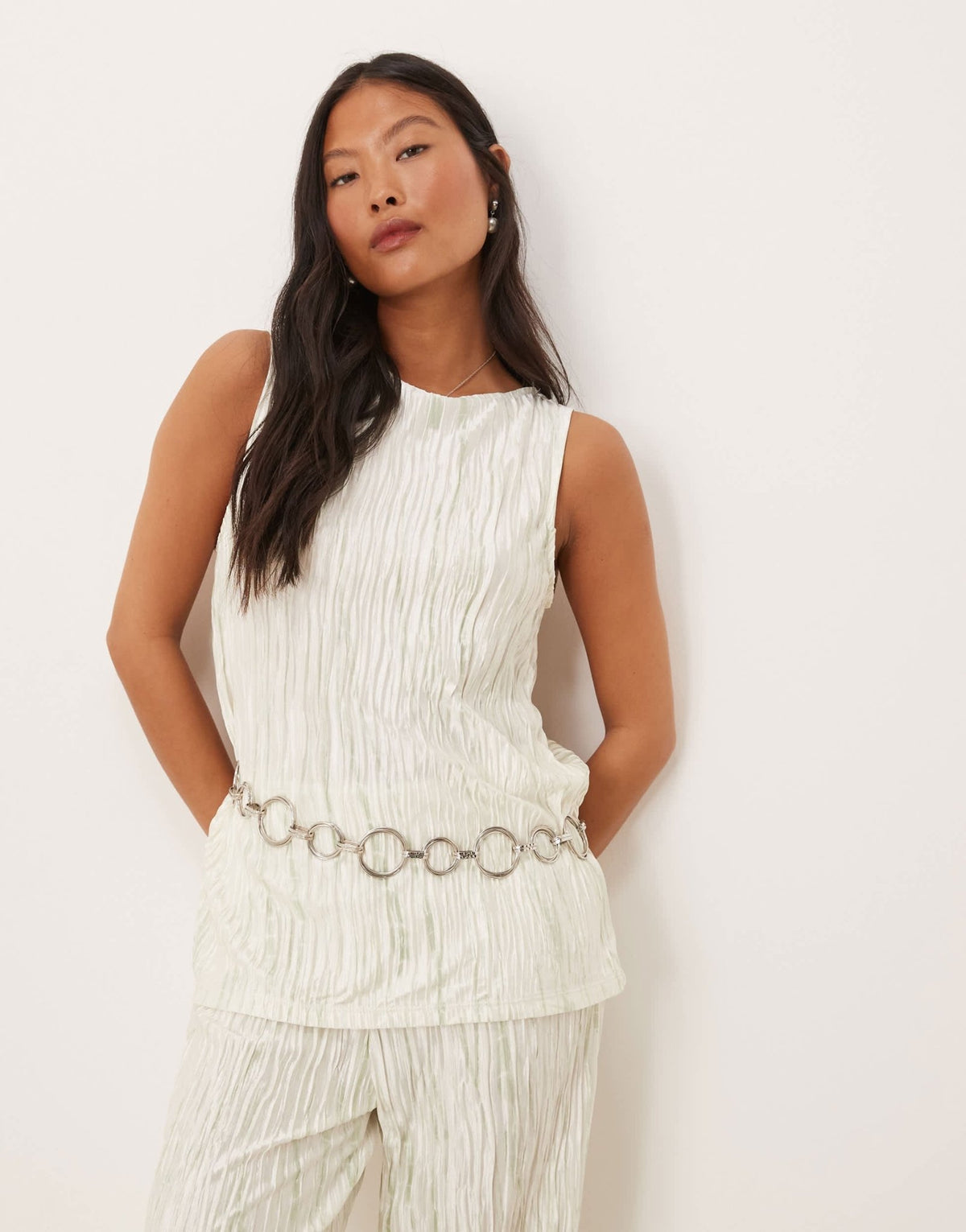 Vila Petite plisse slash neck sleeveless top co-ord in pale silt green tie dye - ASOS Sample Sale