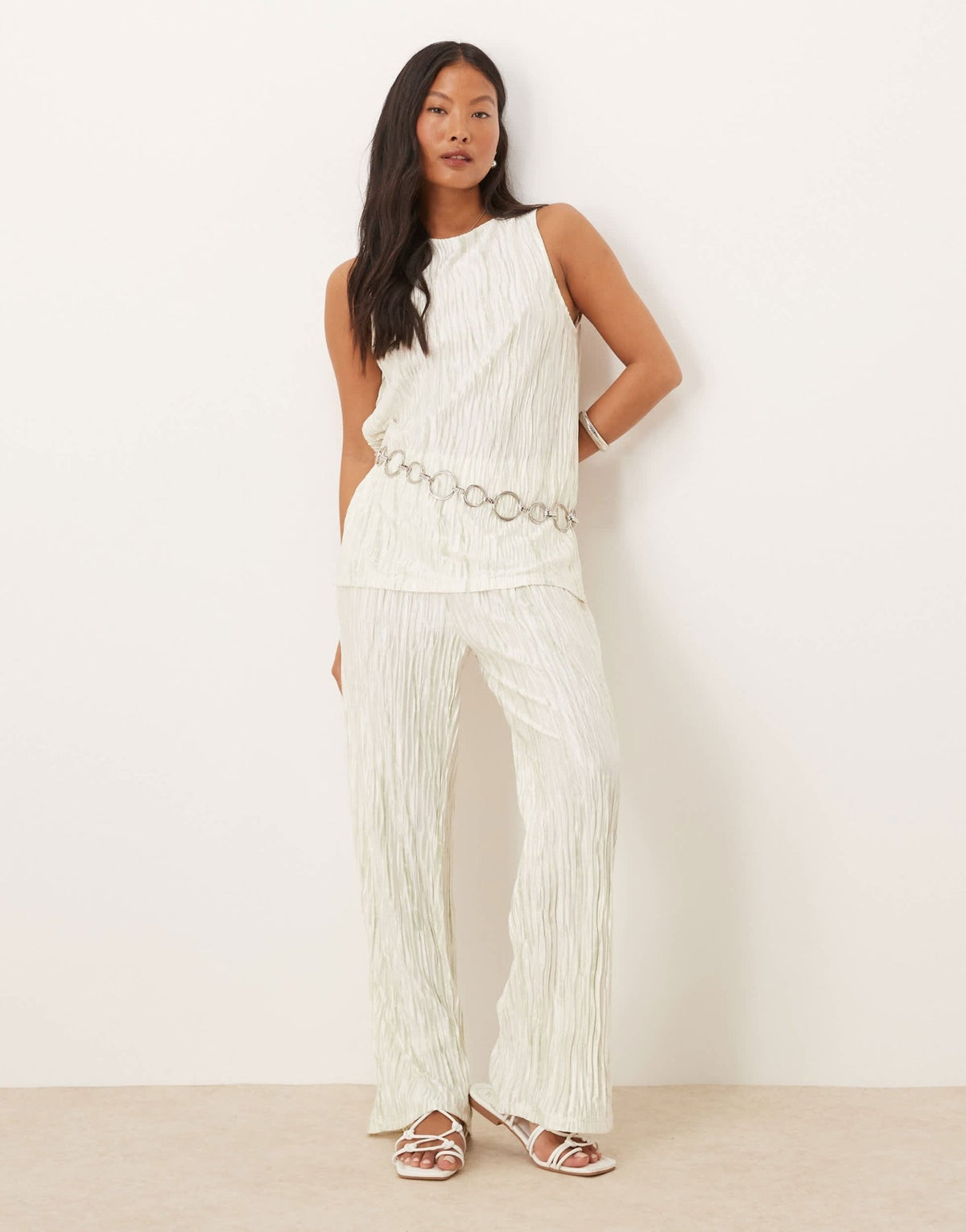 Vila Petite plisse slash neck sleeveless top co-ord in pale silt green tie dye - ASOS Sample Sale