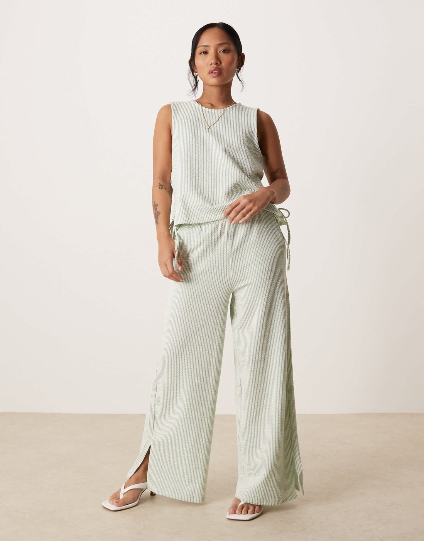 Vila Petite textured stripe sleevless tie side top co-ord in green and cream - ASOS Sample Sale