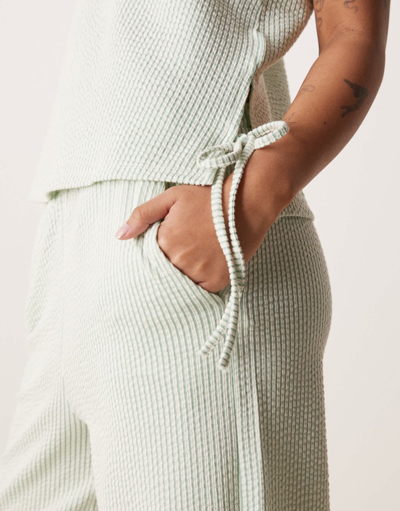Vila Petite textured stripe sleevless tie side top co-ord in green and cream - ASOS Sample Sale