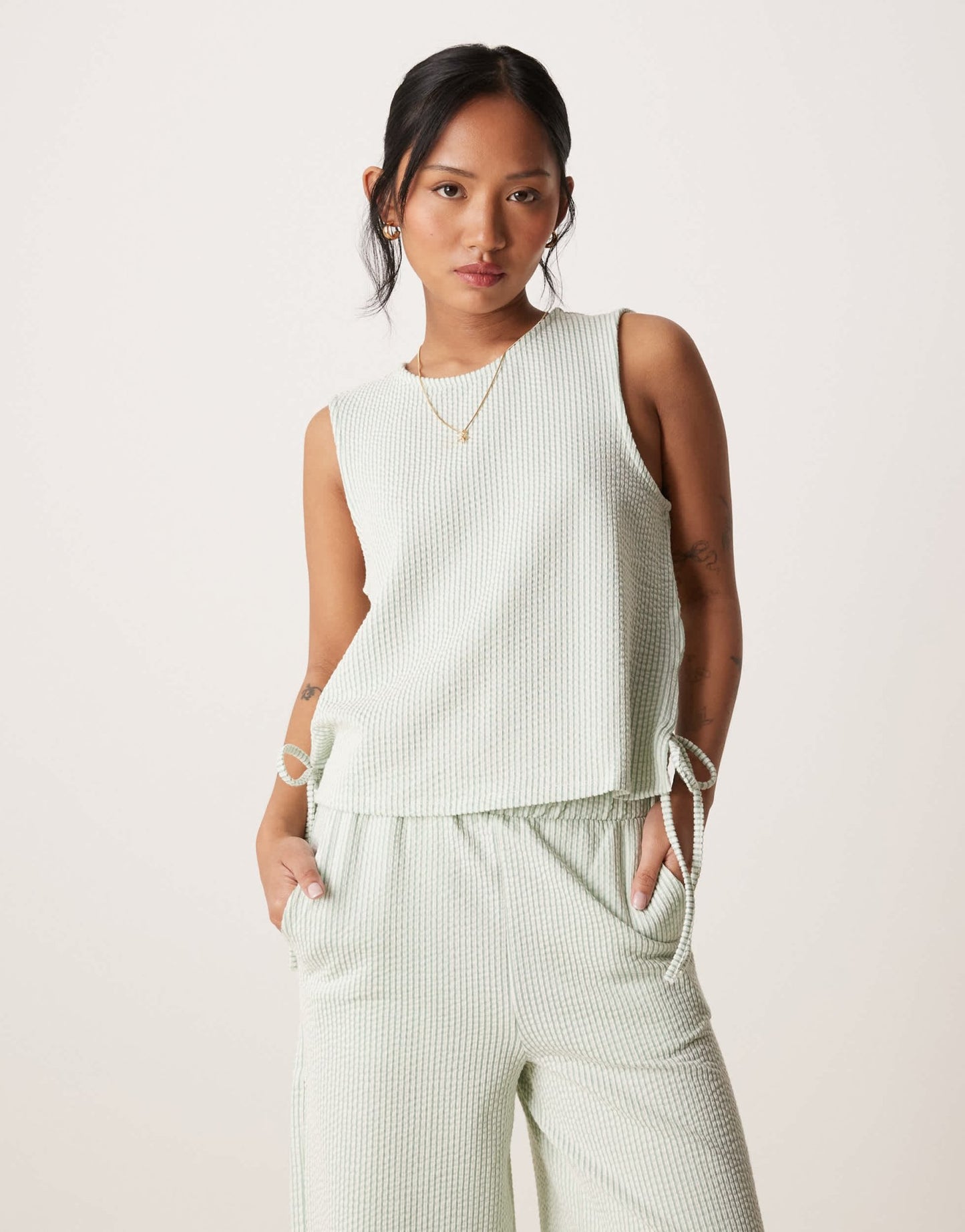 Vila Petite textured stripe sleevless tie side top co-ord in green and cream - ASOS Sample Sale
