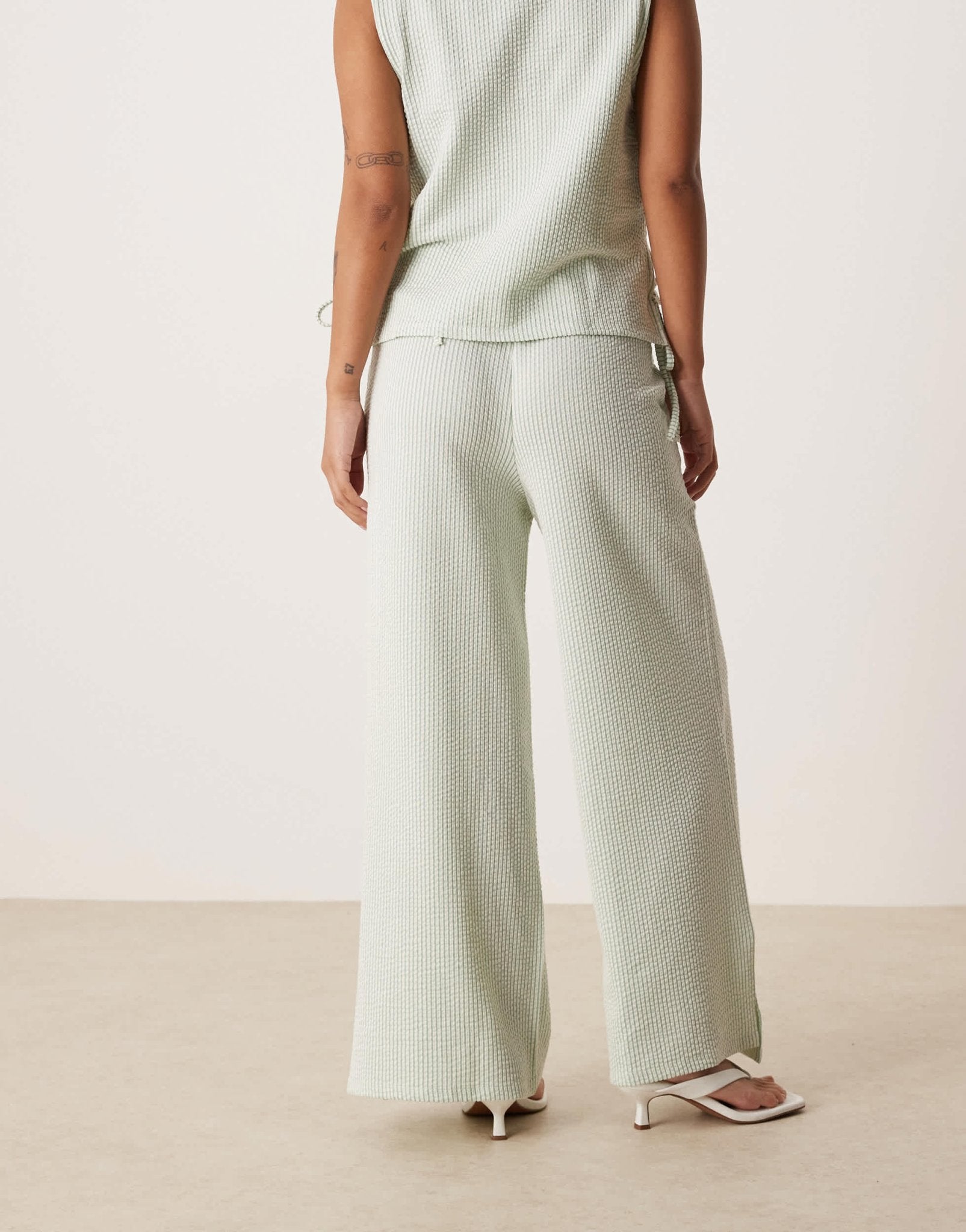 Vila Petite textured stripe wide leg trouser co - ord in green and cream - ASOS Sample Sale