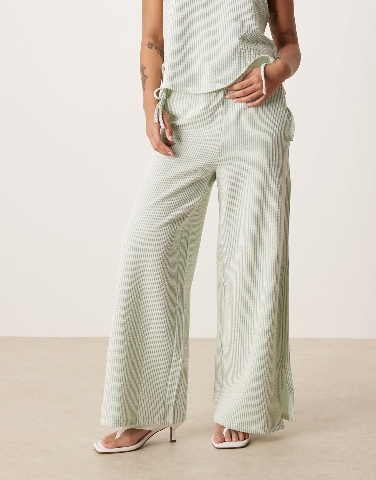 Vila Petite textured stripe wide leg trouser co - ord in green and cream - ASOS Sample Sale