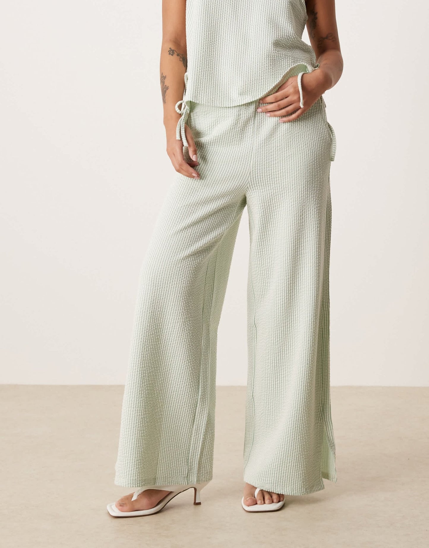 Vila Petite textured stripe wide leg trouser co - ord in green and cream - ASOS Sample Sale