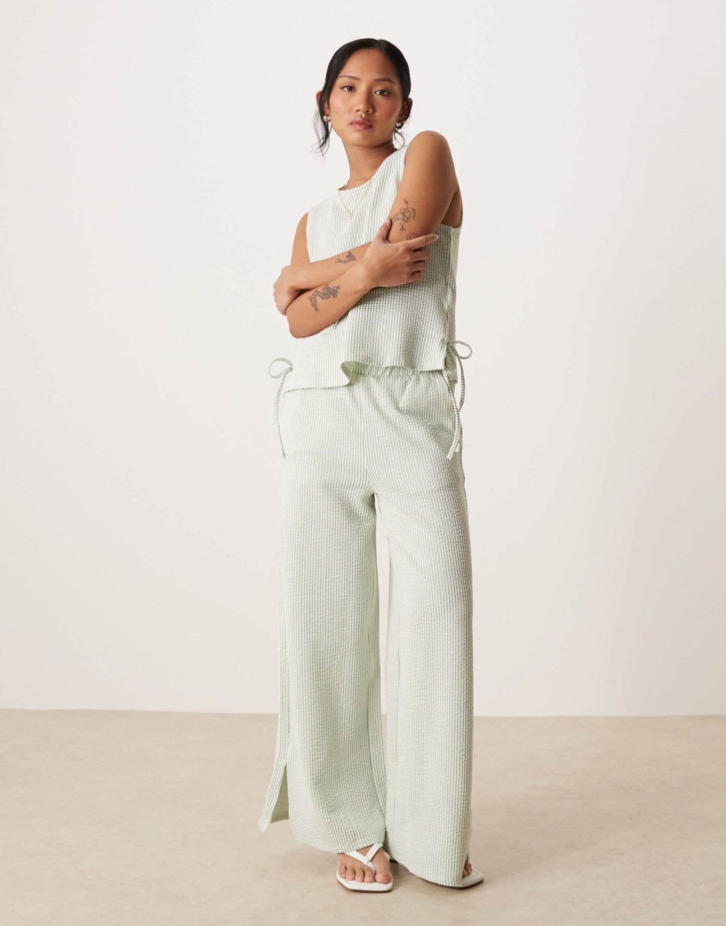 Vila Petite textured stripe wide leg trouser co - ord in green and cream - ASOS Sample Sale